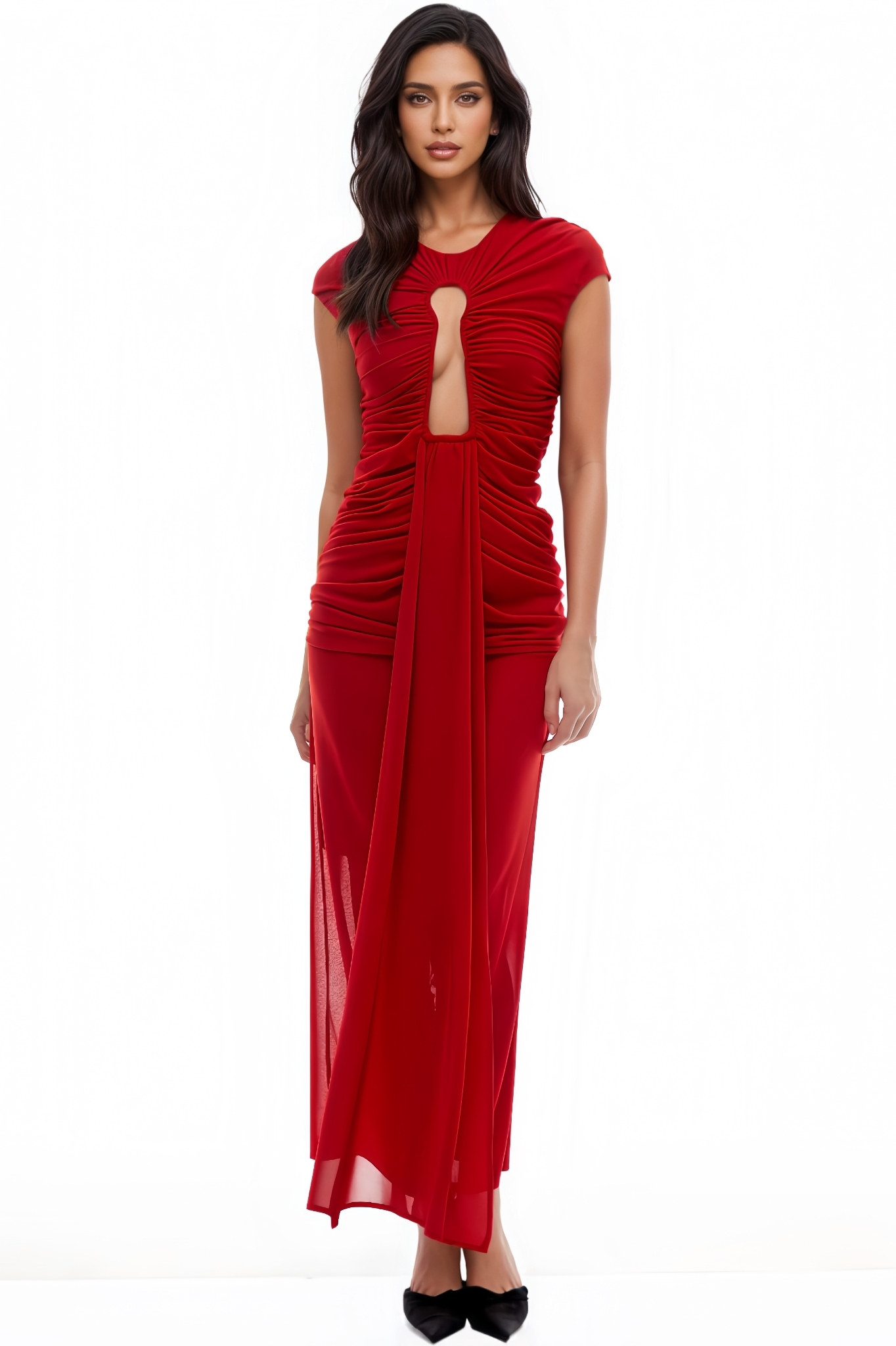 Caleb Red Keyhole Ruched Maxi Dress