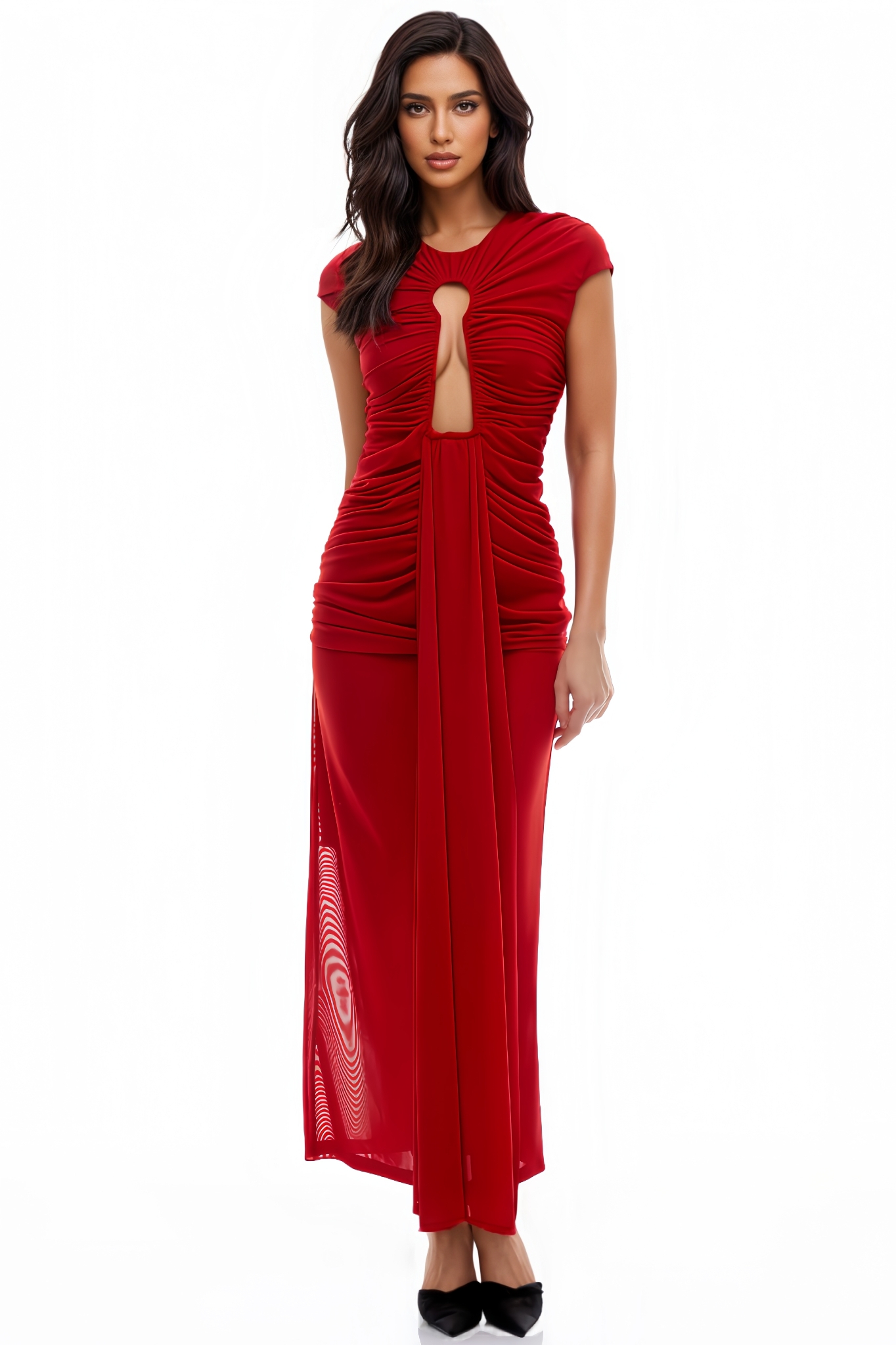 Caleb Red Keyhole Ruched Maxi Dress