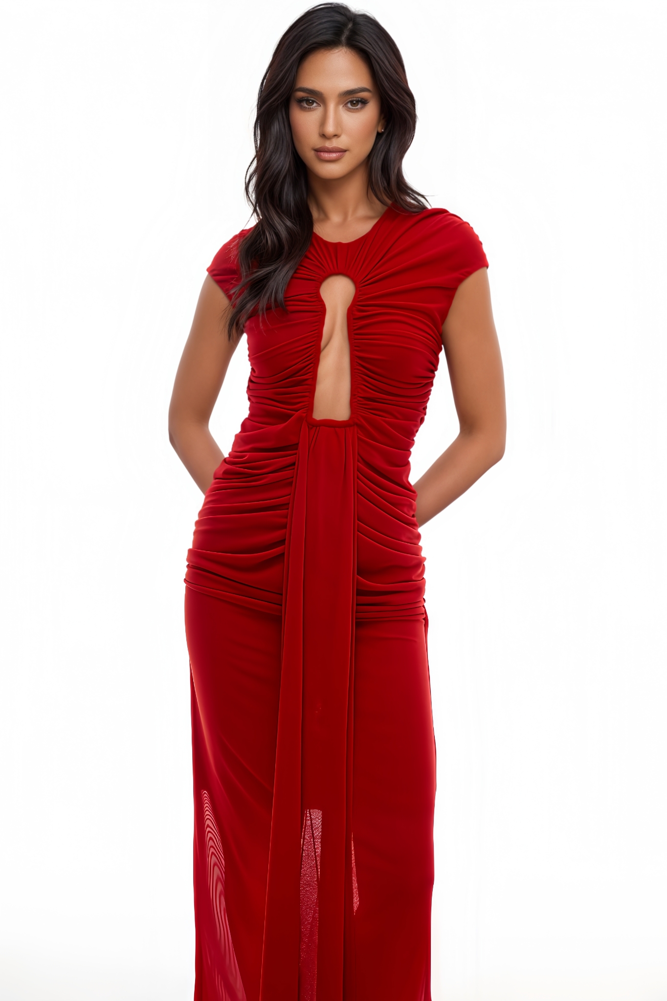 Caleb Red Keyhole Ruched Maxi Dress