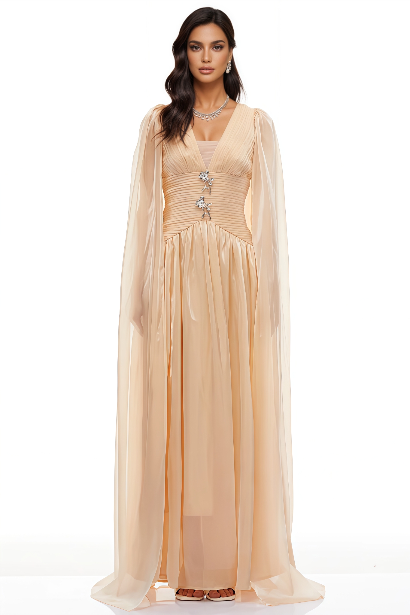Wryse Beige Cape Design Maxi Dress