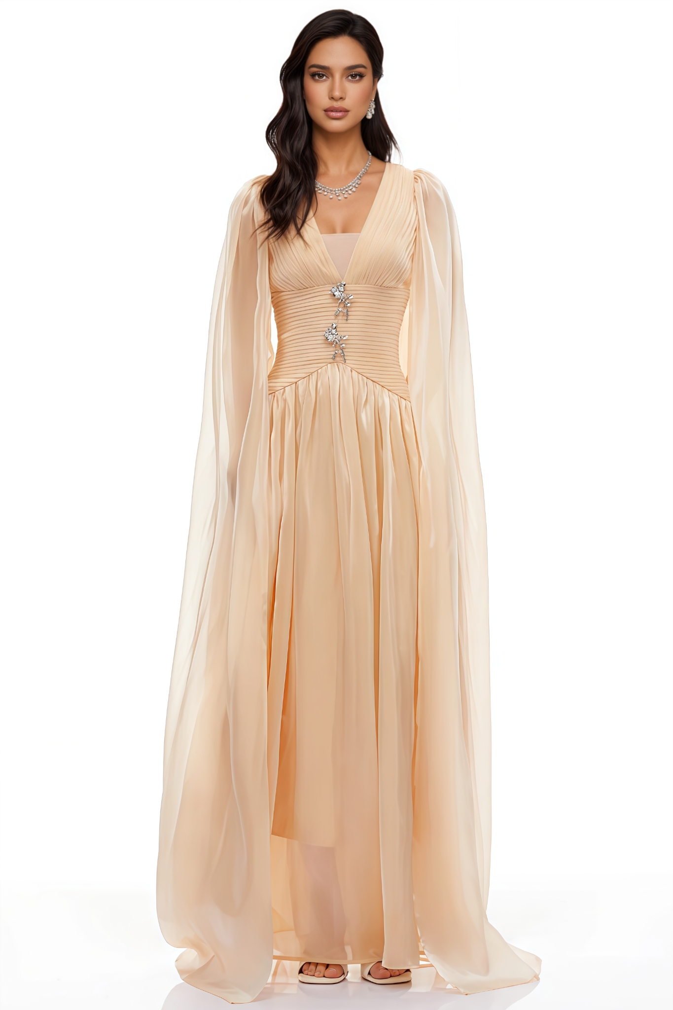 Wryse Beige Cape Design Maxi Dress