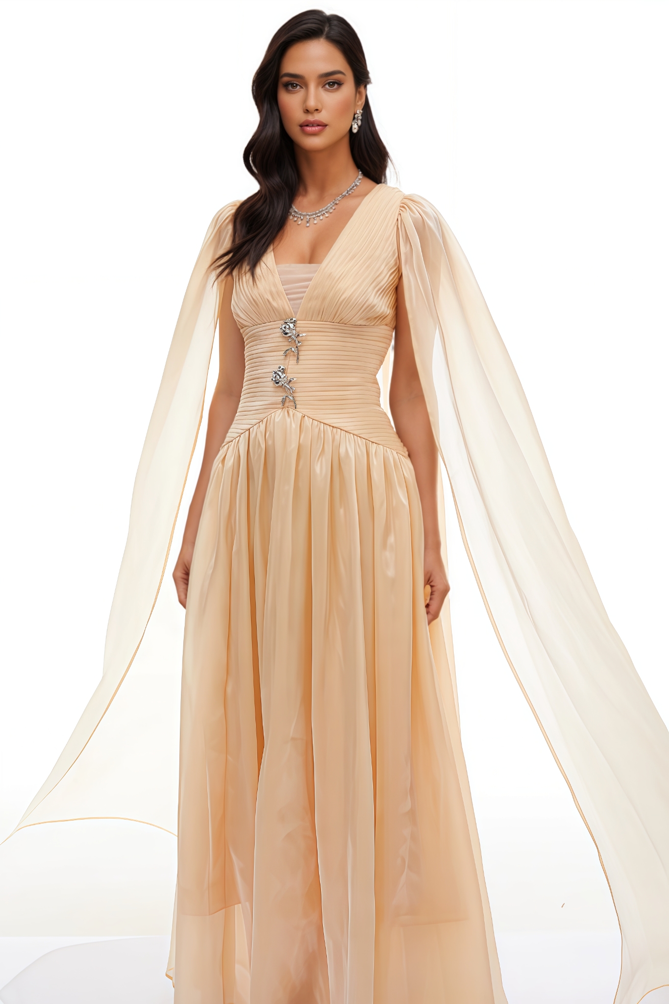 Wryse Beige Cape Design Maxi Dress