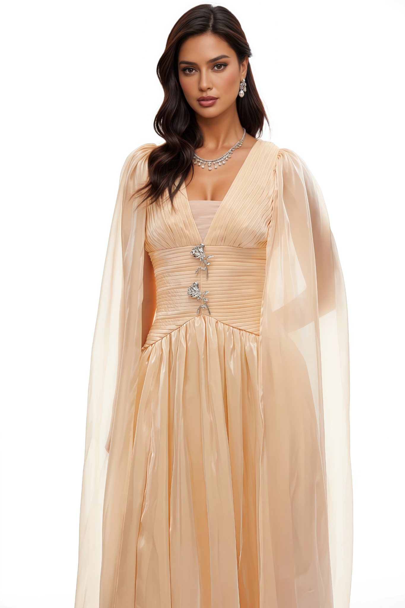Wryse Beige Cape Design Maxi Dress