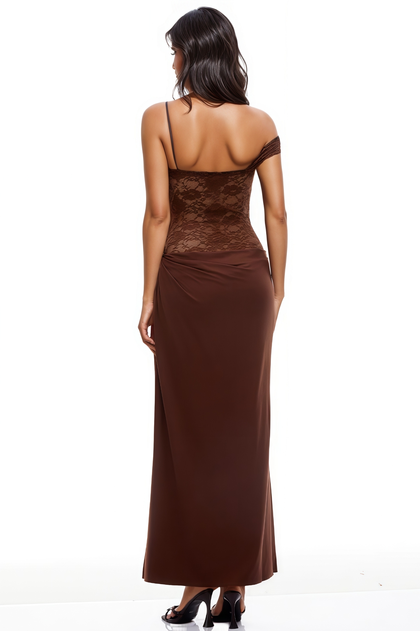 Yorisx Brown Lace Panel Asymmetrical Maxi Dress