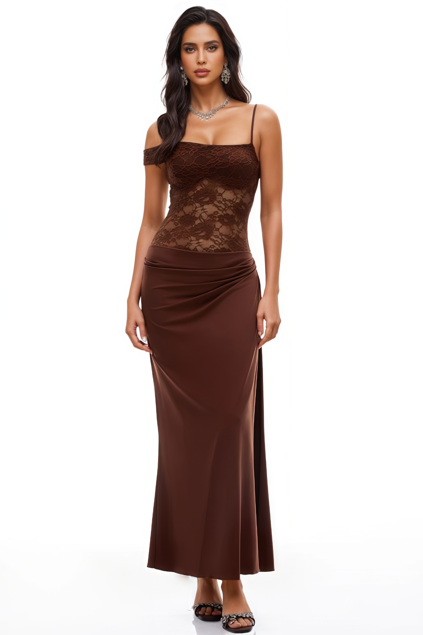 Yorisx Brown Lace Panel Asymmetrical Maxi Dress