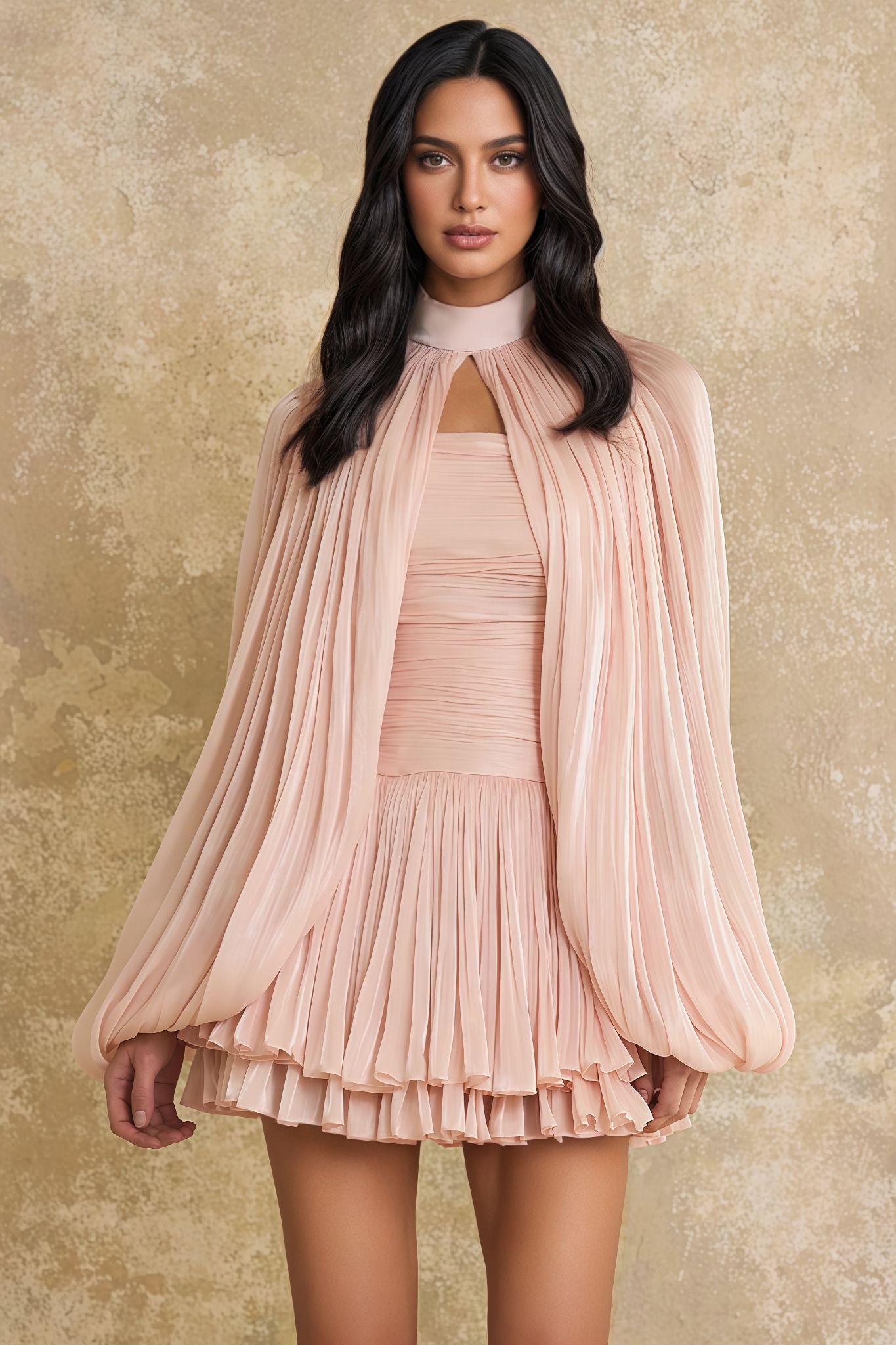 Amerliy Pink Glossy Cape Mini Dress Set