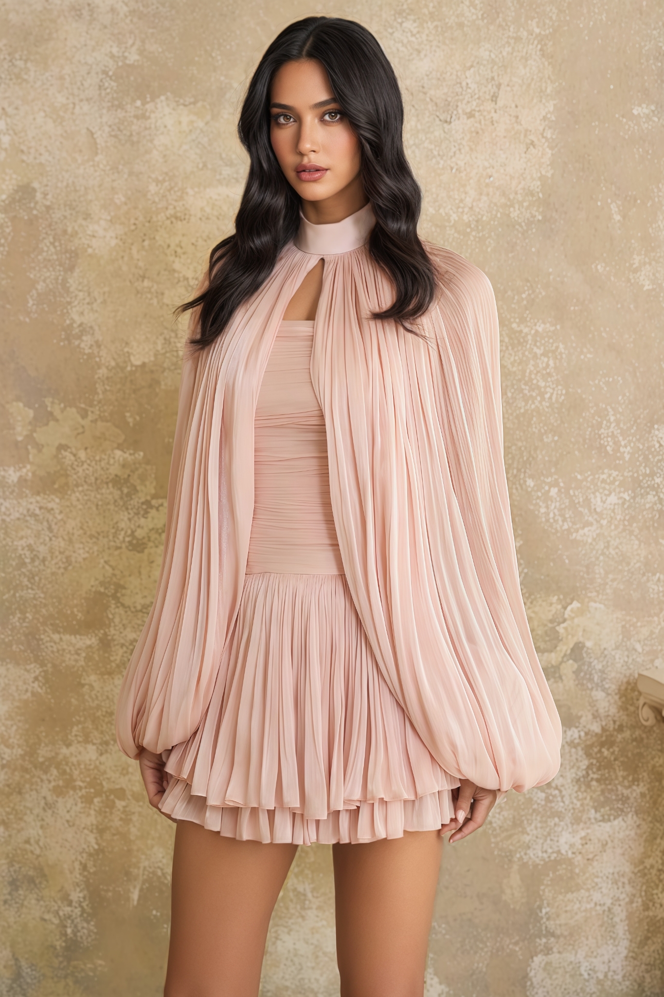 Amerliy Pink Glossy Cape Mini Dress Set