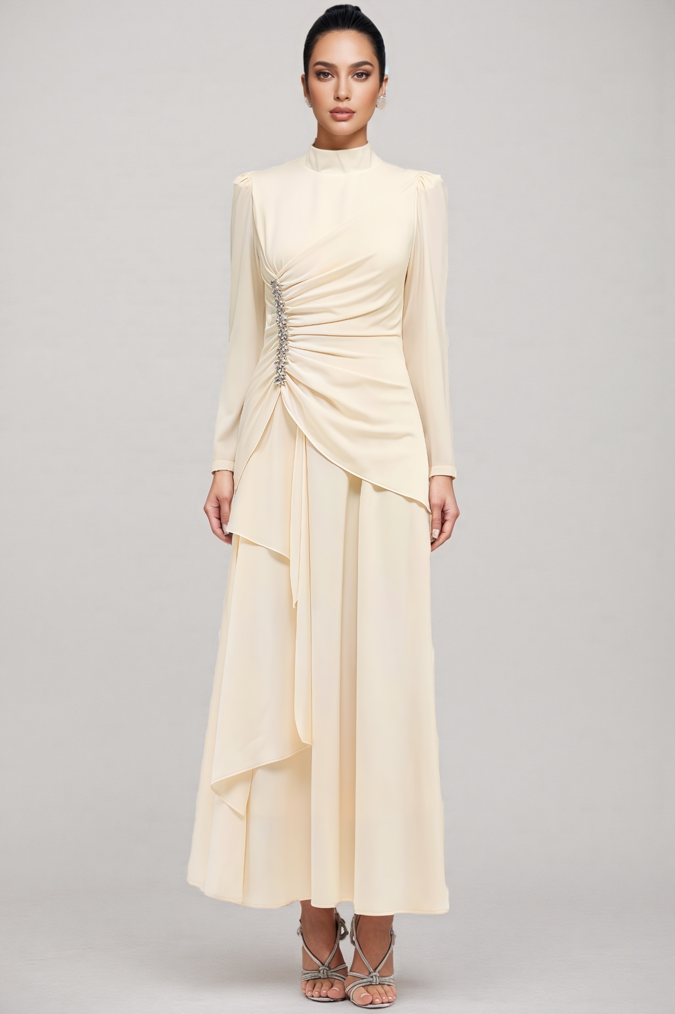 Irial Long Sleeve Ruched Rhinestone Maxi Dress