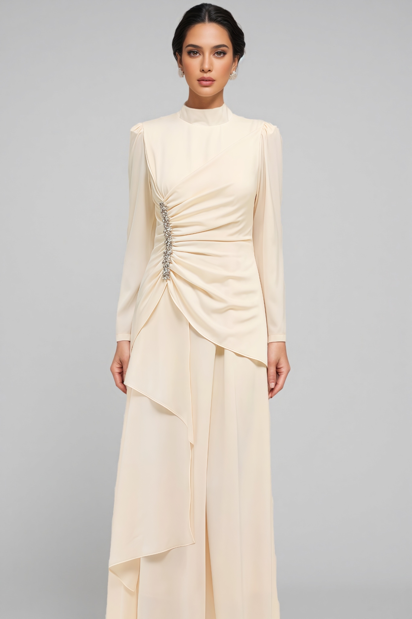Irial Long Sleeve Ruched Rhinestone Maxi Dress
