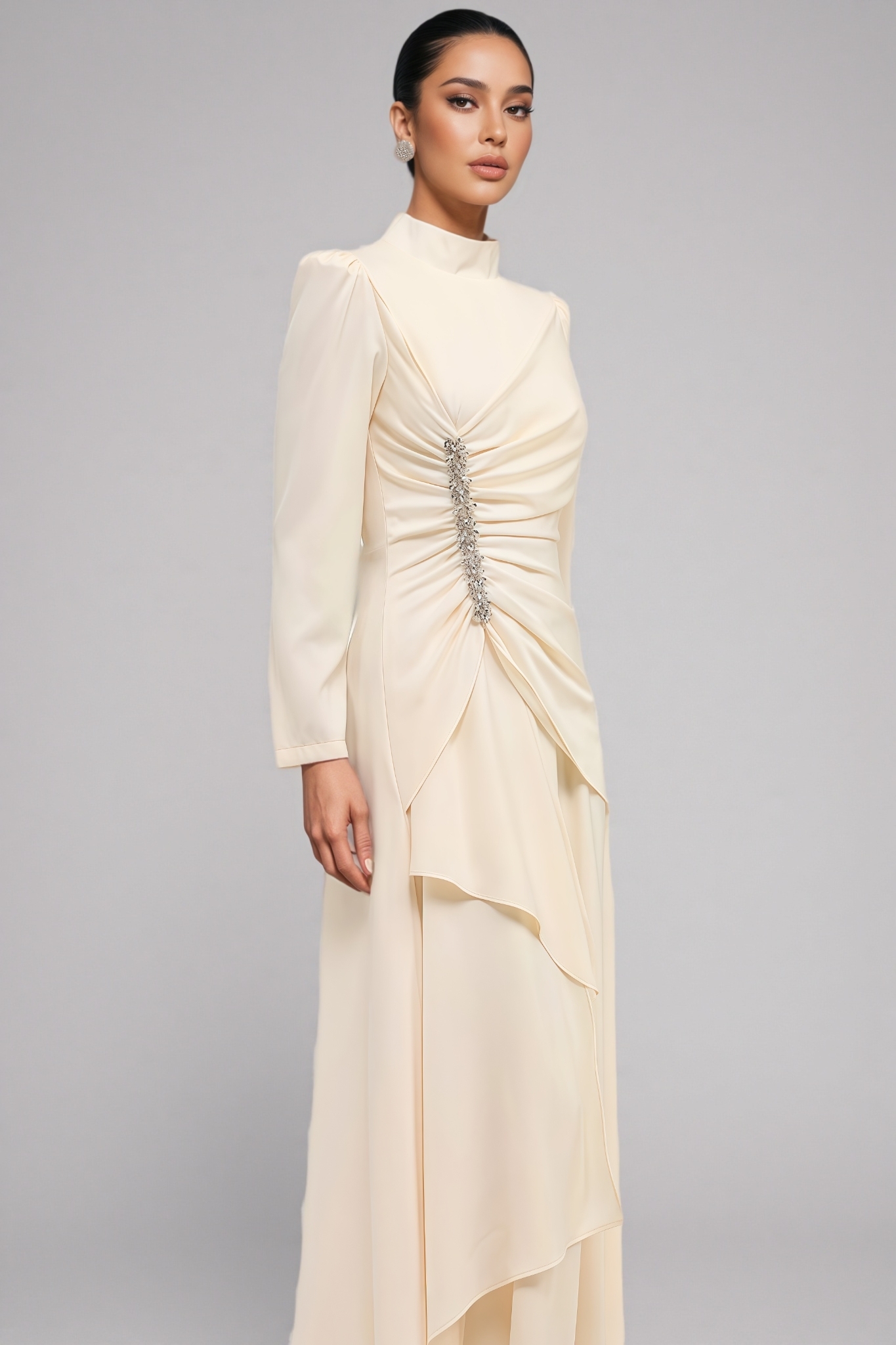Irial Long Sleeve Ruched Rhinestone Maxi Dress