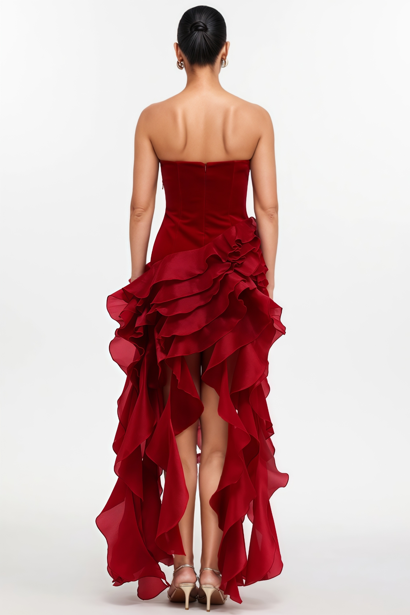 Rivenx Red Strapless Ruffle Midi Dress