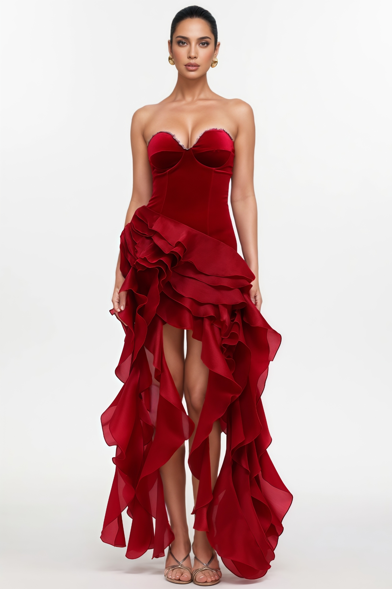 Rivenx Red Strapless Ruffle Midi Dress