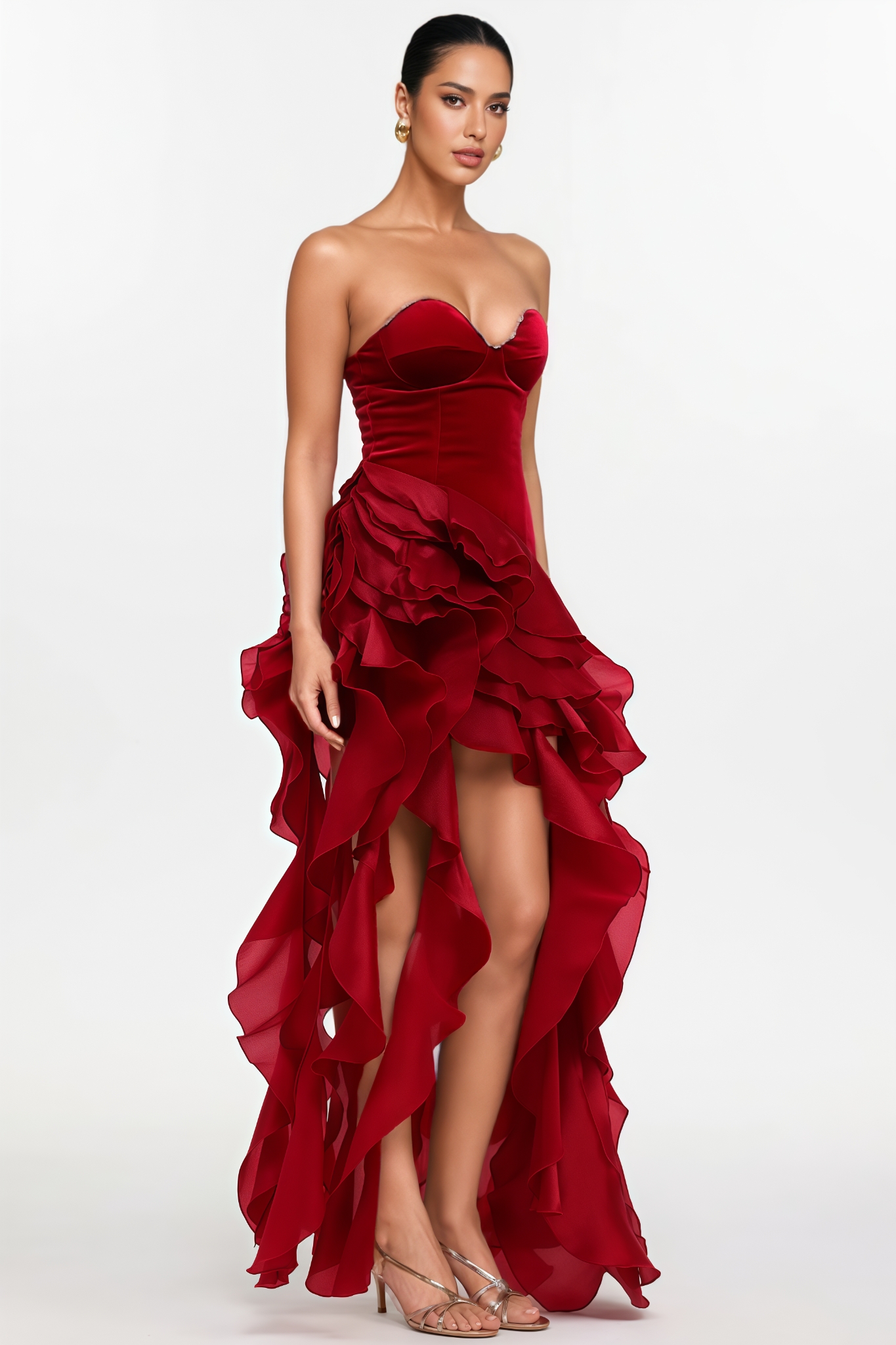 Rivenx Red Strapless Ruffle Midi Dress