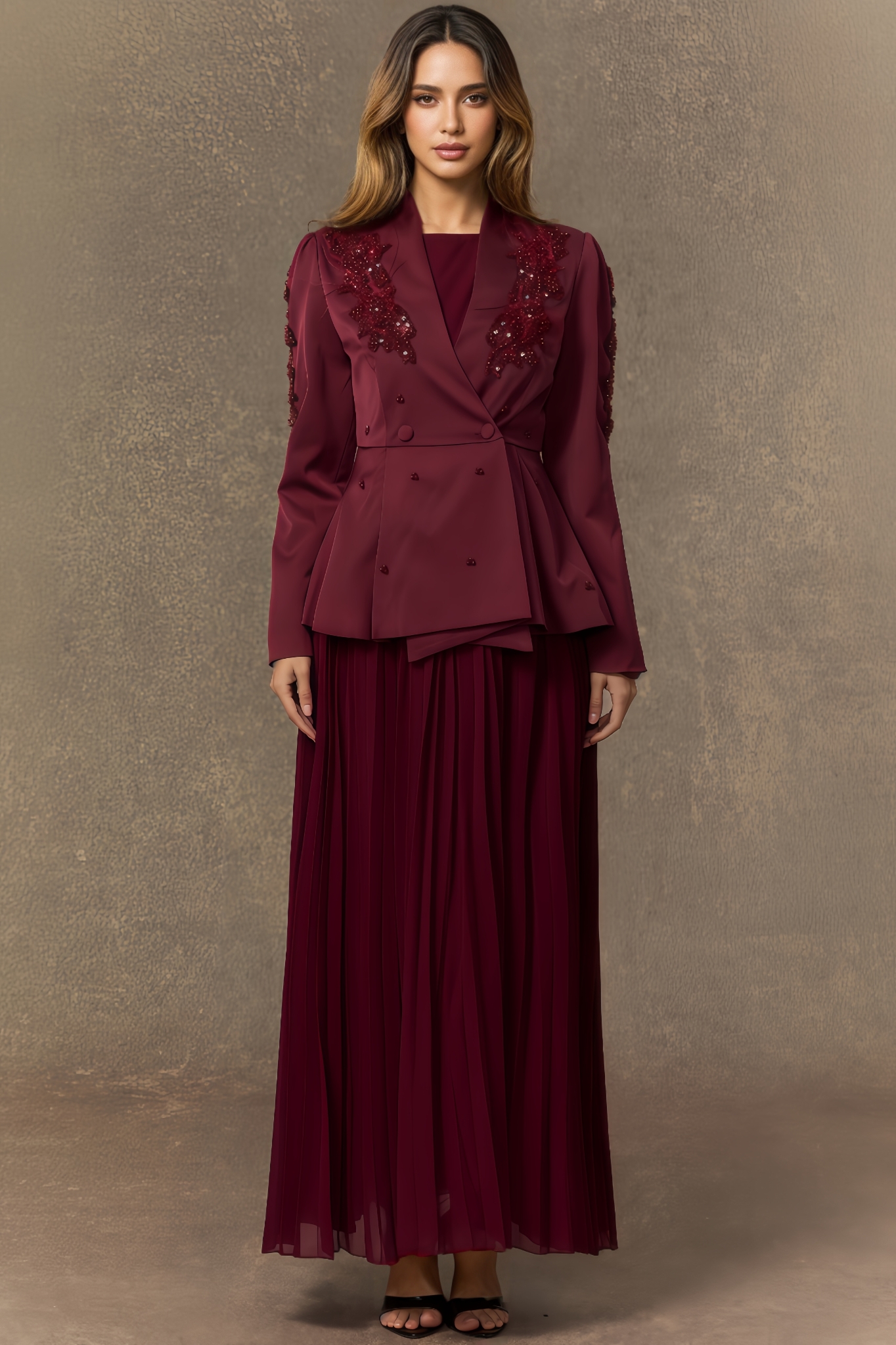 Beaded Double Breasted Jacket & Pleated Dress Set