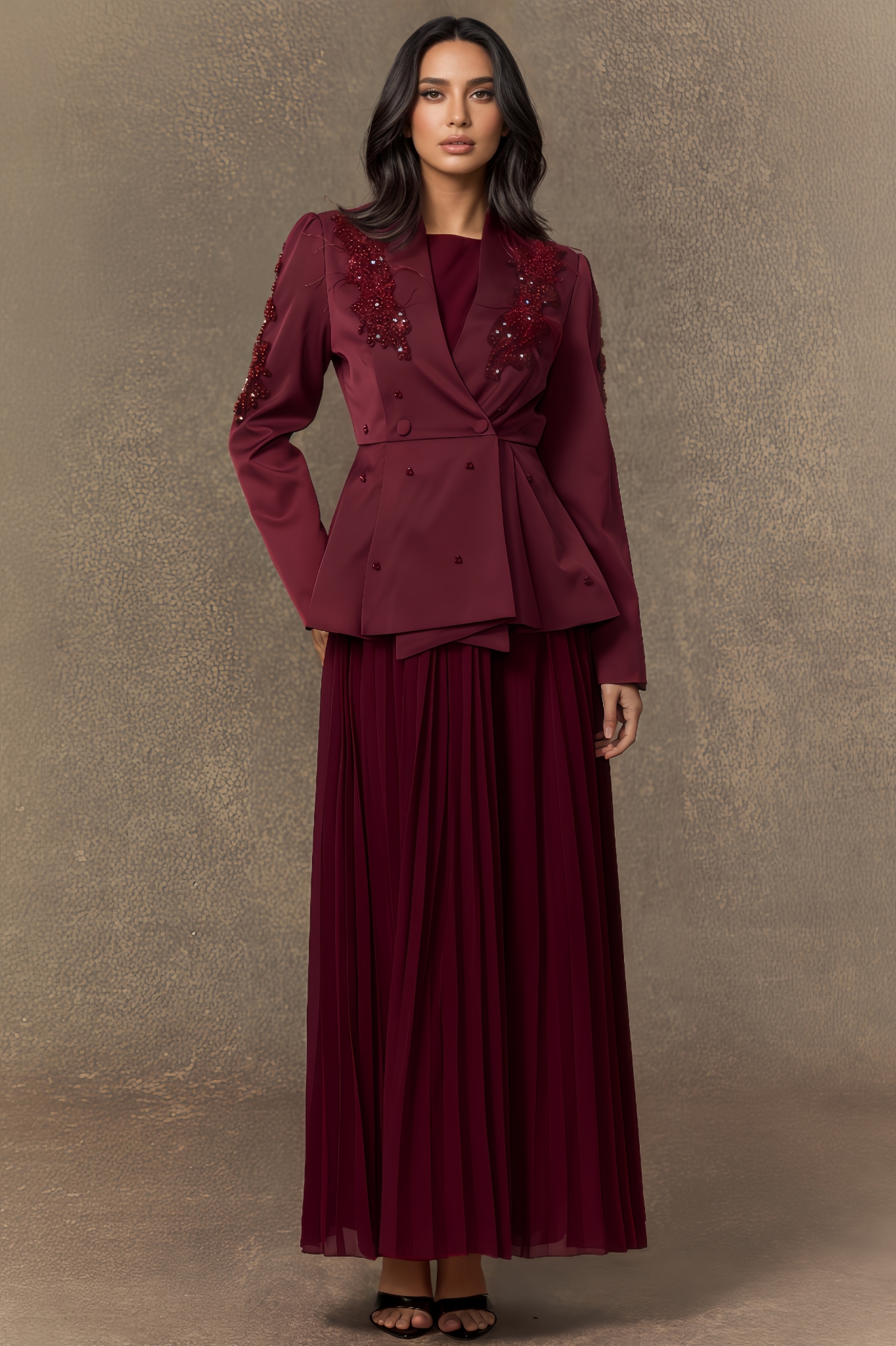 Beaded Double Breasted Jacket & Pleated Dress Set