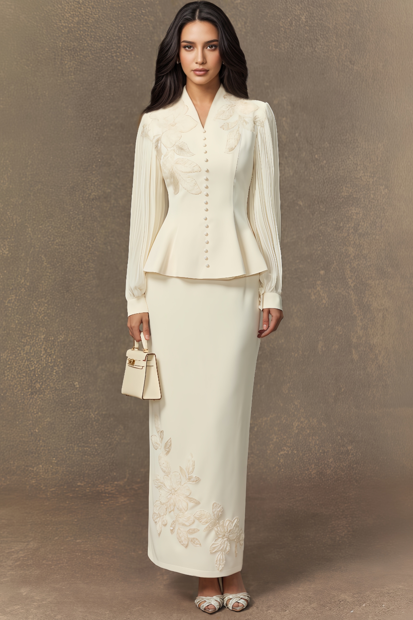 Floral Embroidery Pleated Sleeve Skirt Set