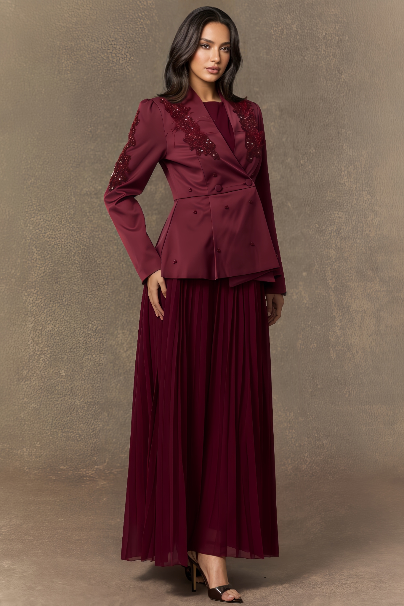 Beaded Double Breasted Jacket & Pleated Dress Set