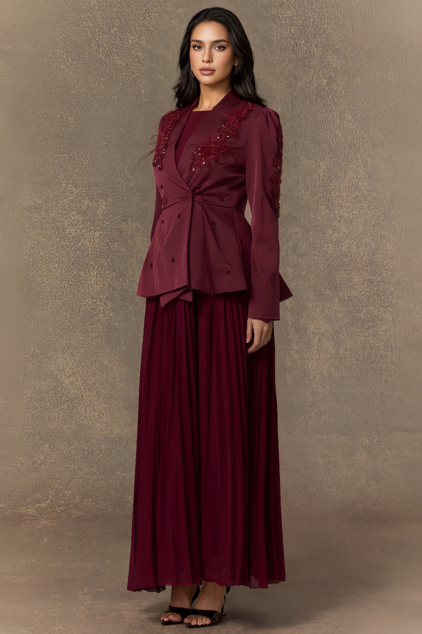 Beaded Double Breasted Jacket & Pleated Dress Set