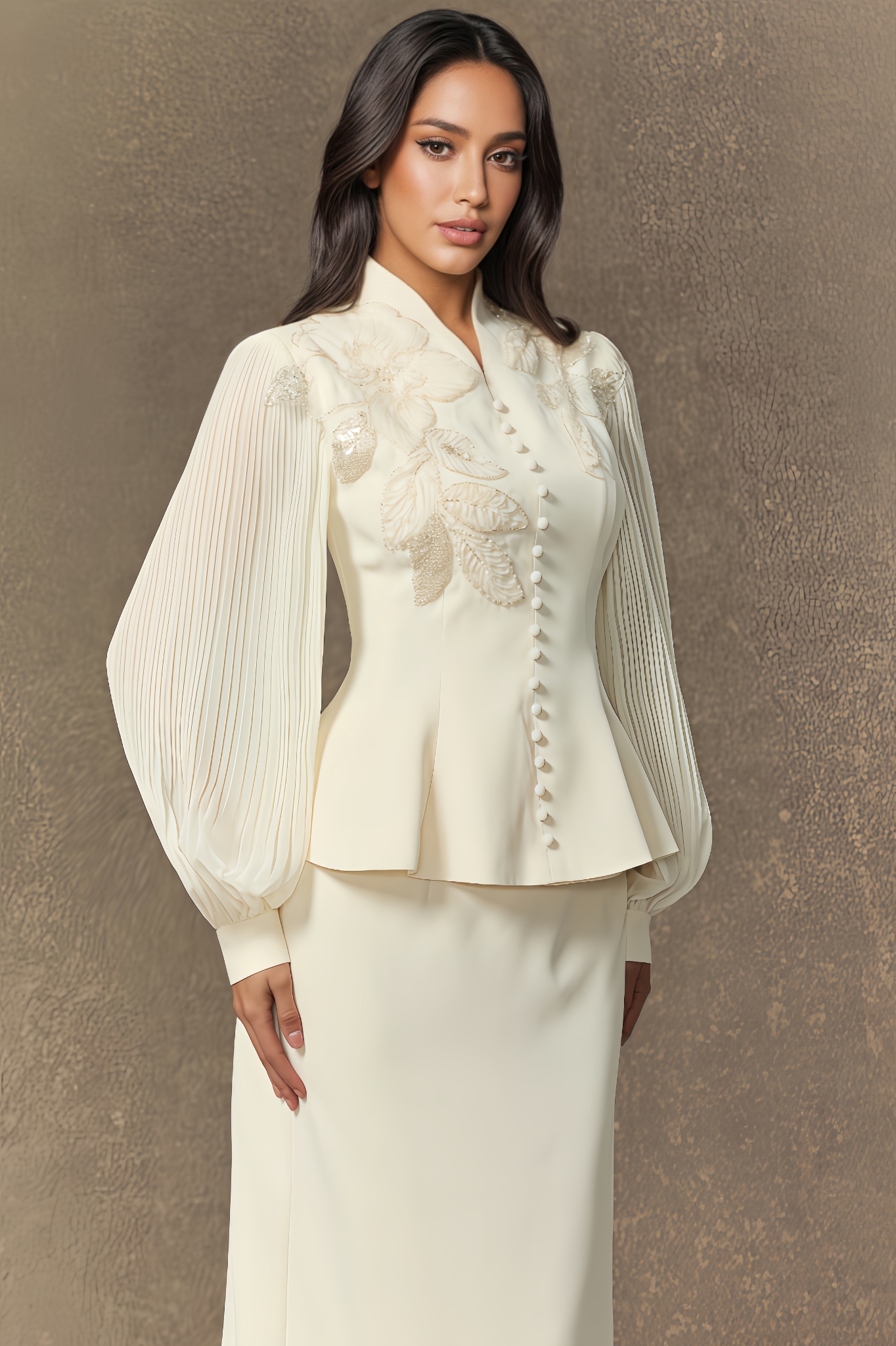 Floral Embroidery Pleated Sleeve Skirt Set