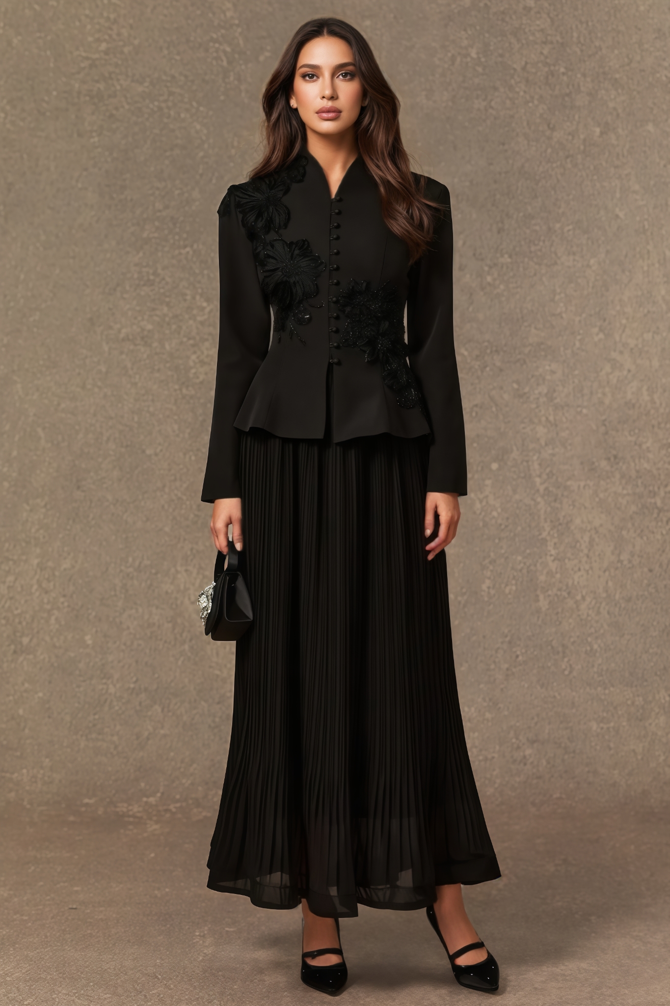 Vlyeria Black Lace Embroidered Pleated Maxi Dress Set