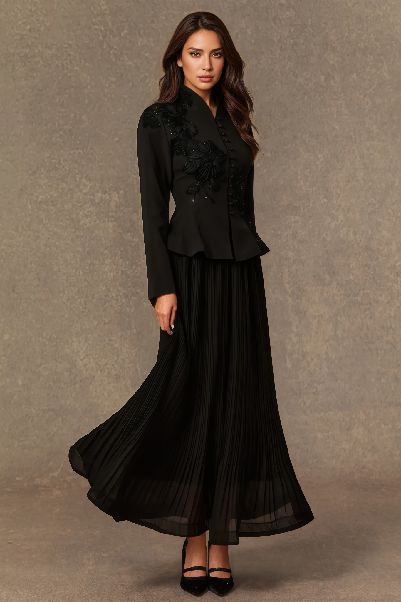 Vlyeria Black Lace Embroidered Pleated Maxi Dress Set