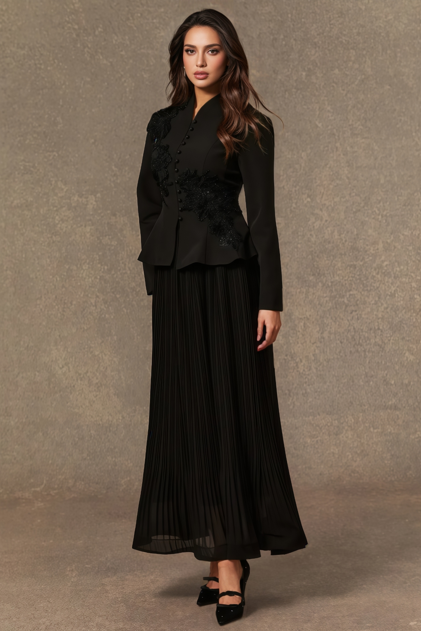 Vlyeria Black Lace Embroidered Pleated Maxi Dress Set