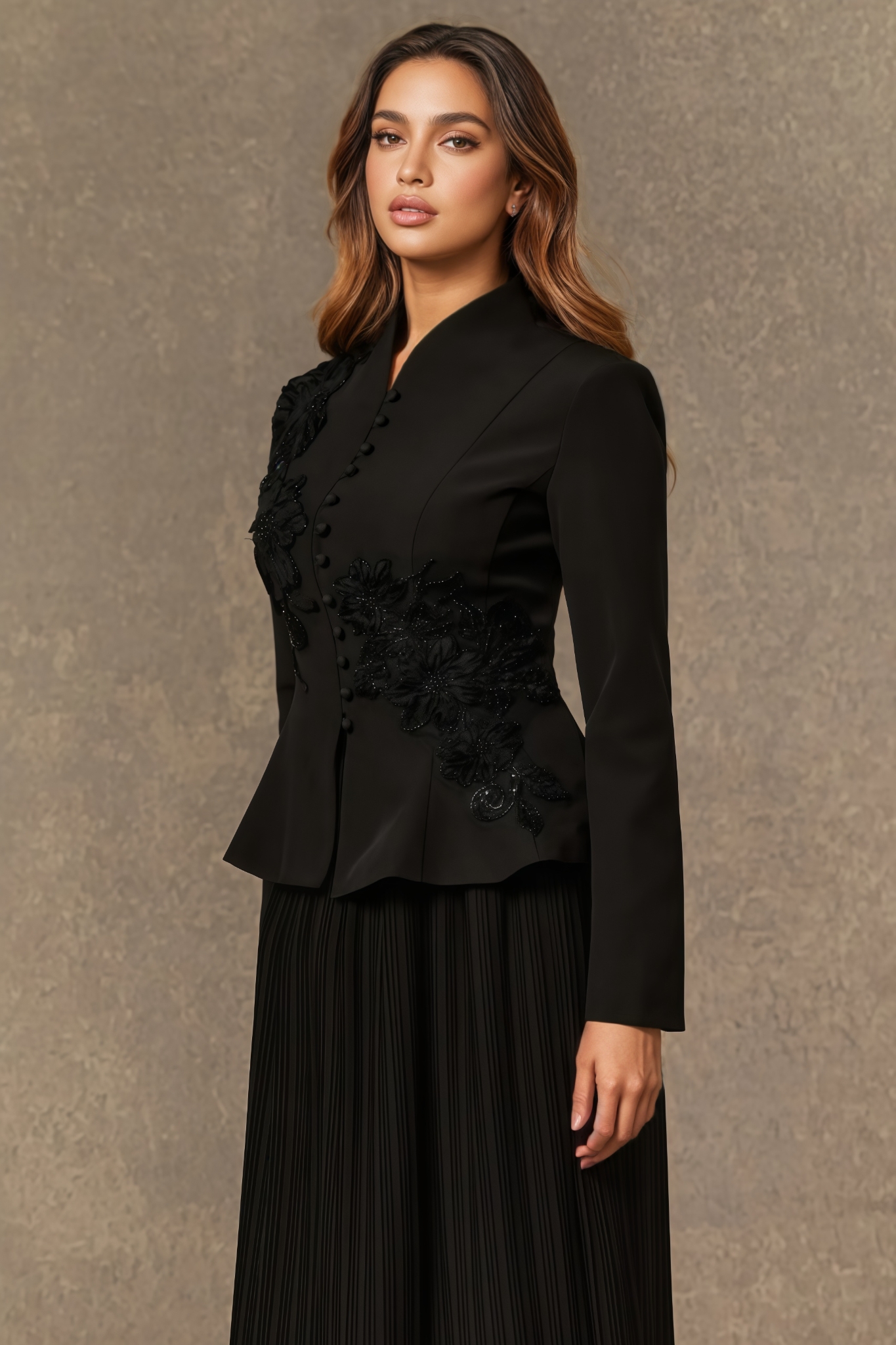 Vlyeria Black Lace Embroidered Pleated Maxi Dress Set