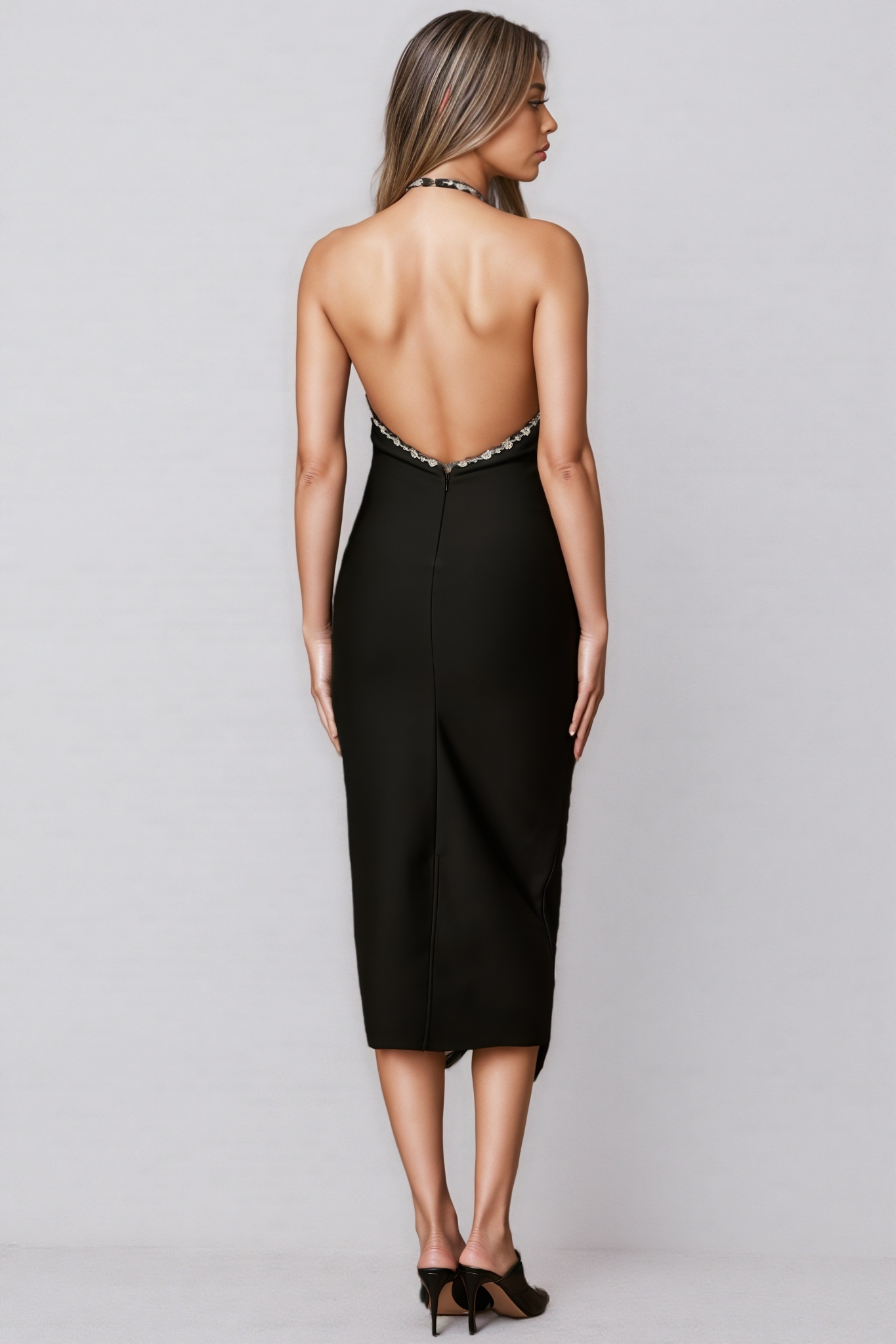 Wendy Black Deep V-Neck Fringe Midi Dress