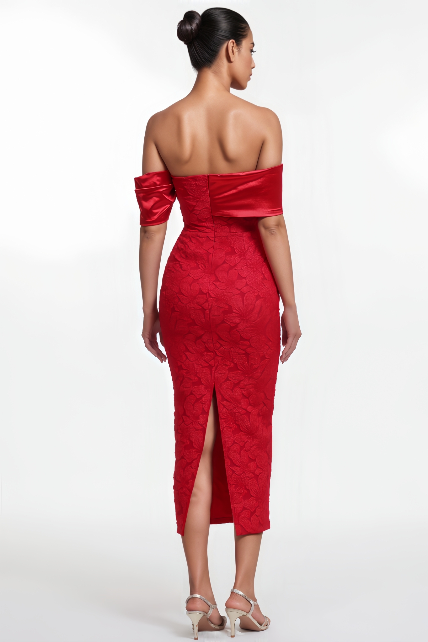 Owen Off Shoulder Jacquard Floral Midi Dress