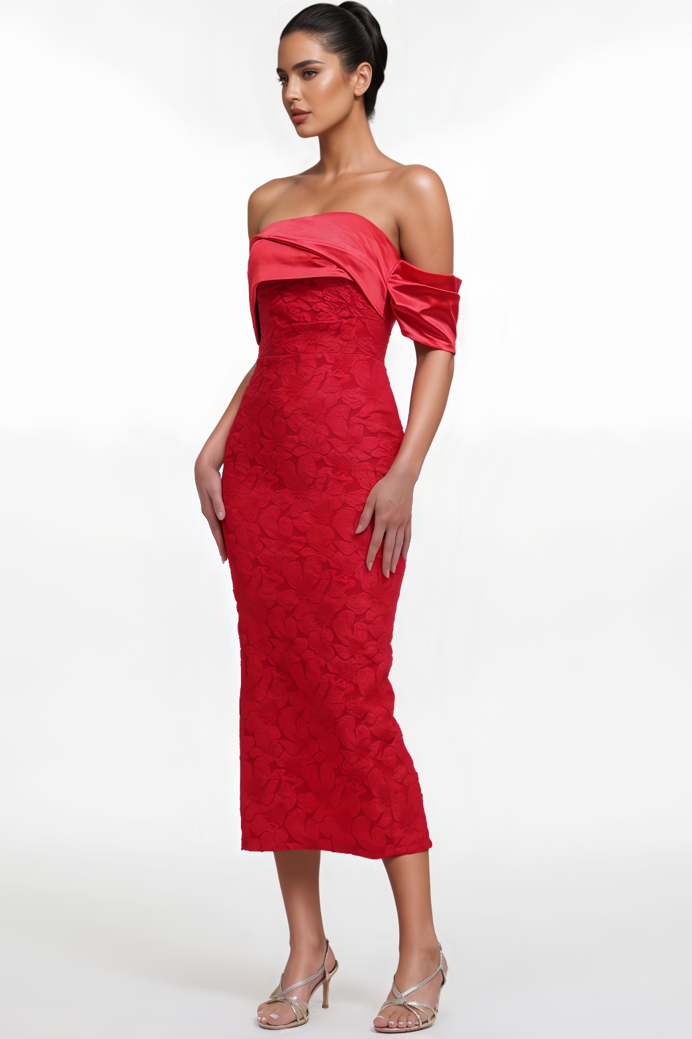 Owen Off Shoulder Jacquard Floral Midi Dress