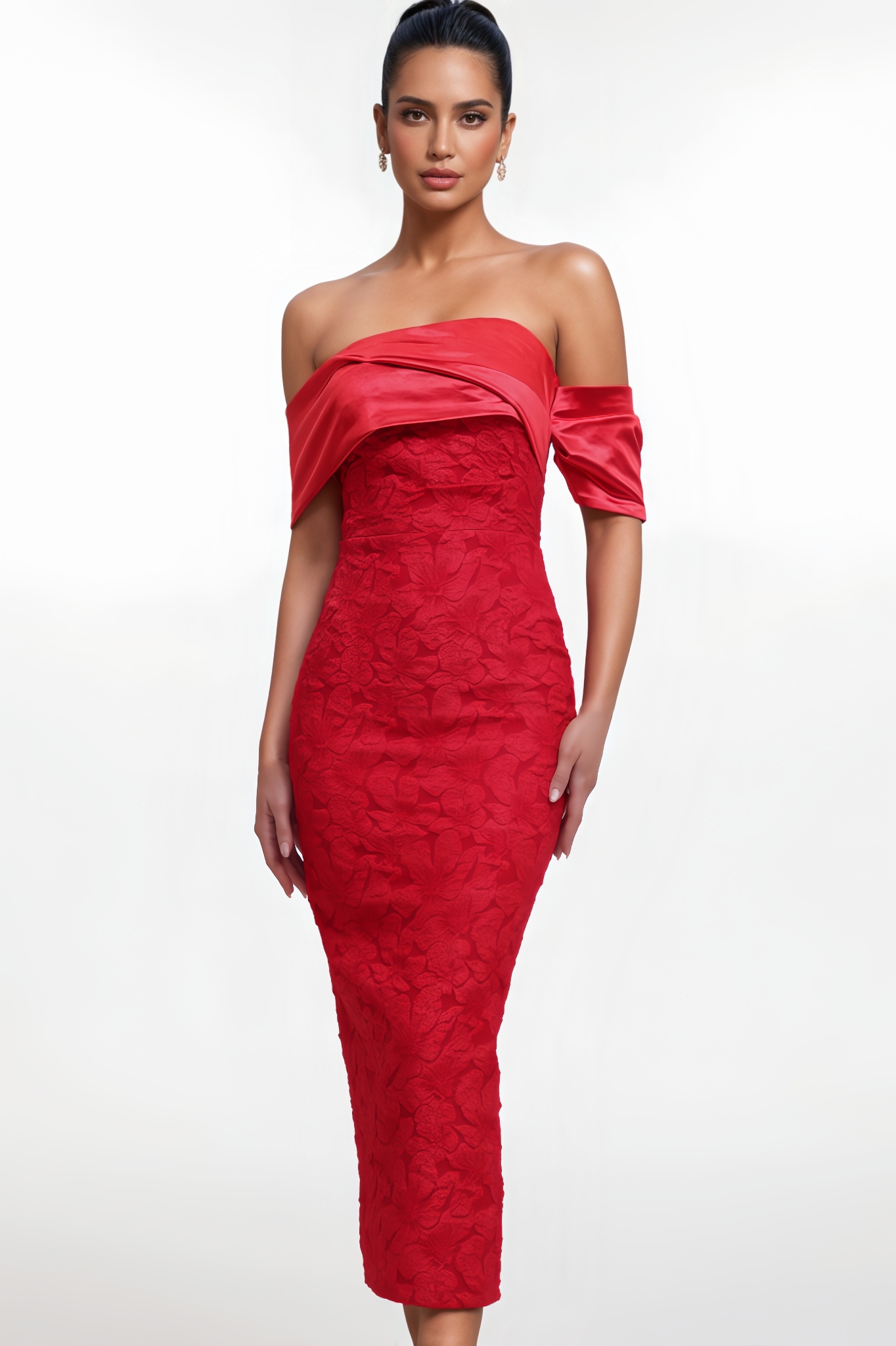 Owen Off Shoulder Jacquard Floral Midi Dress