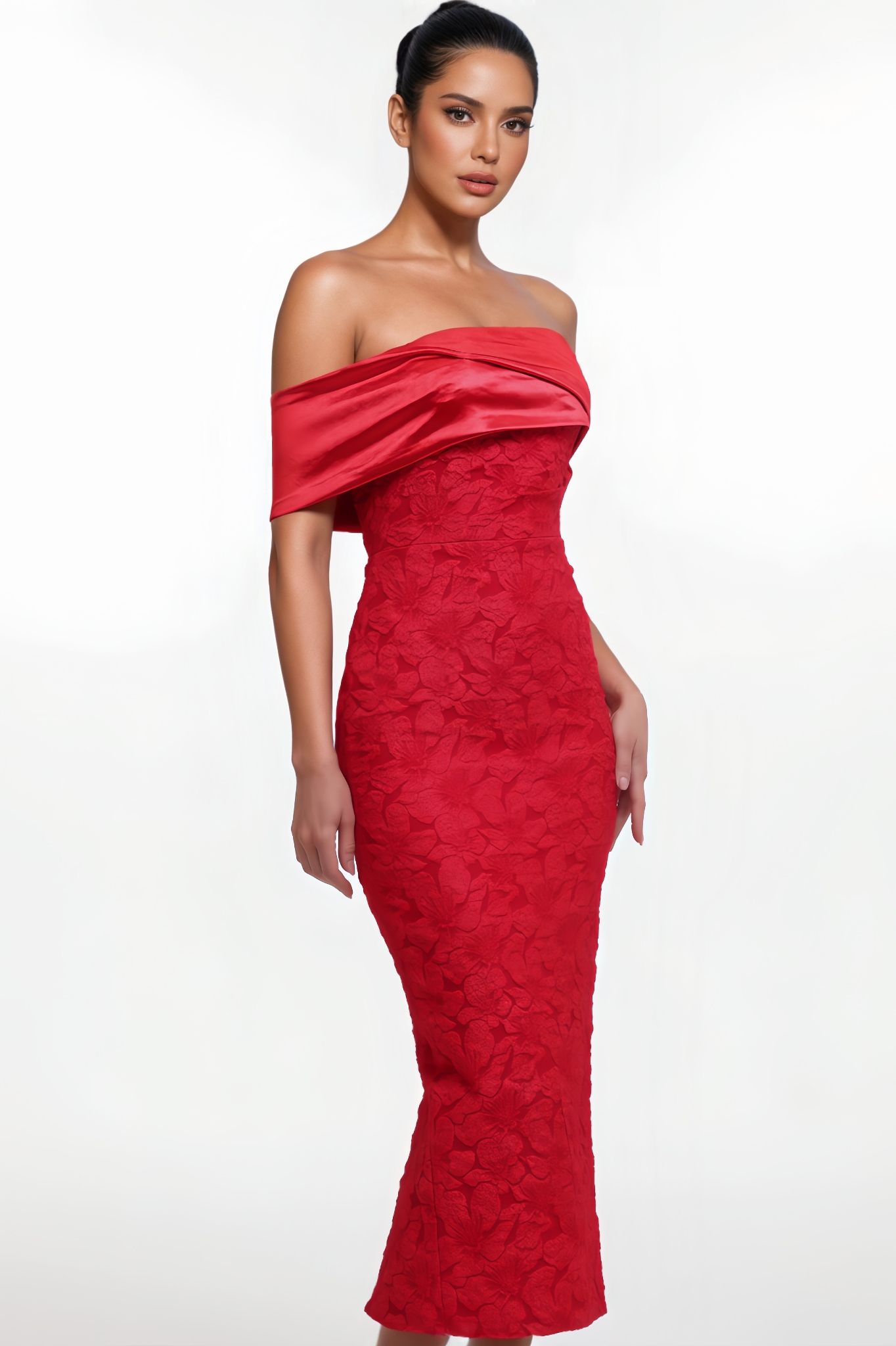 Owen Off Shoulder Jacquard Floral Midi Dress