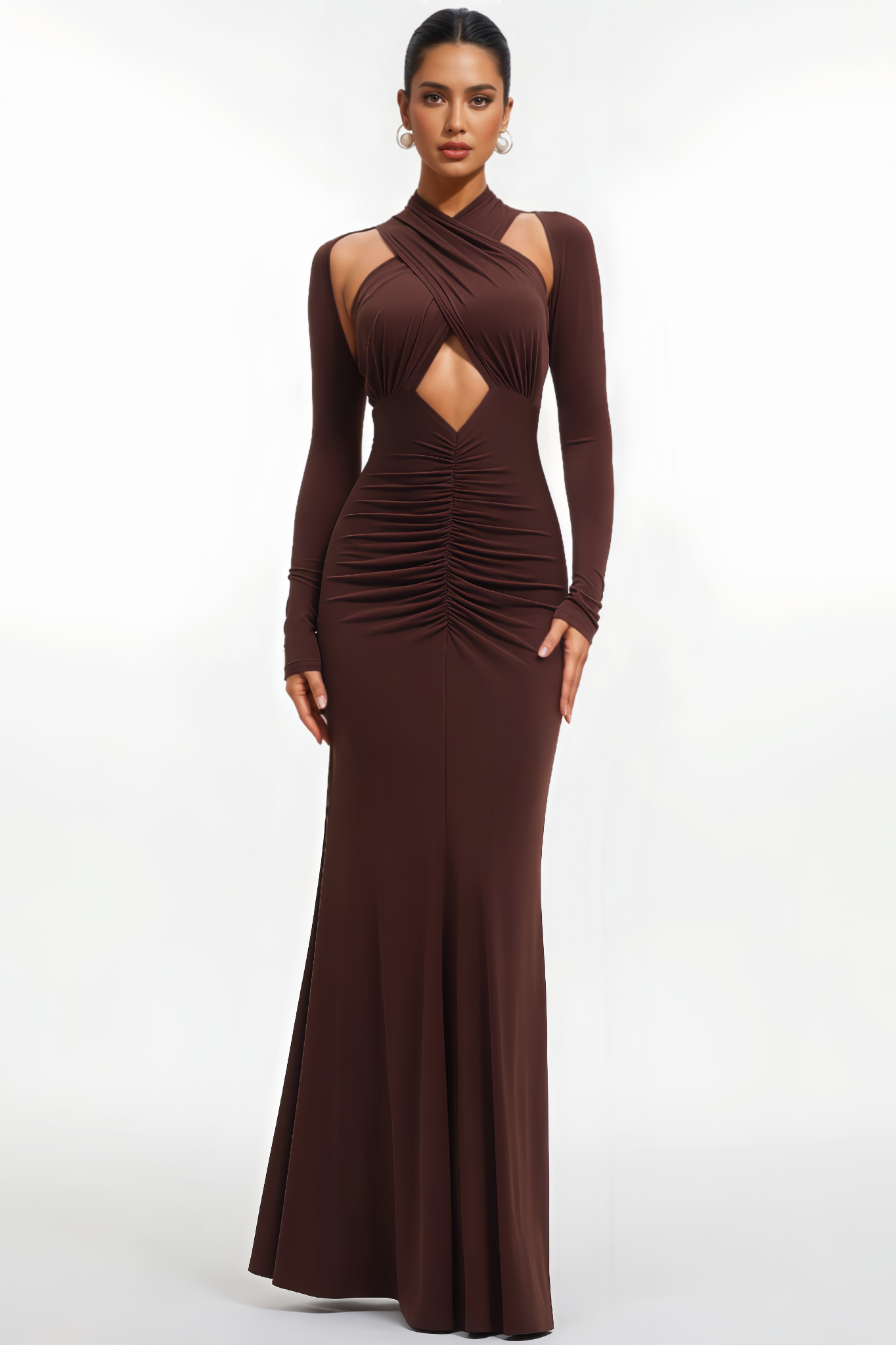 Sebastian Long Sleeve Cut Out Ruched Maxi Dress