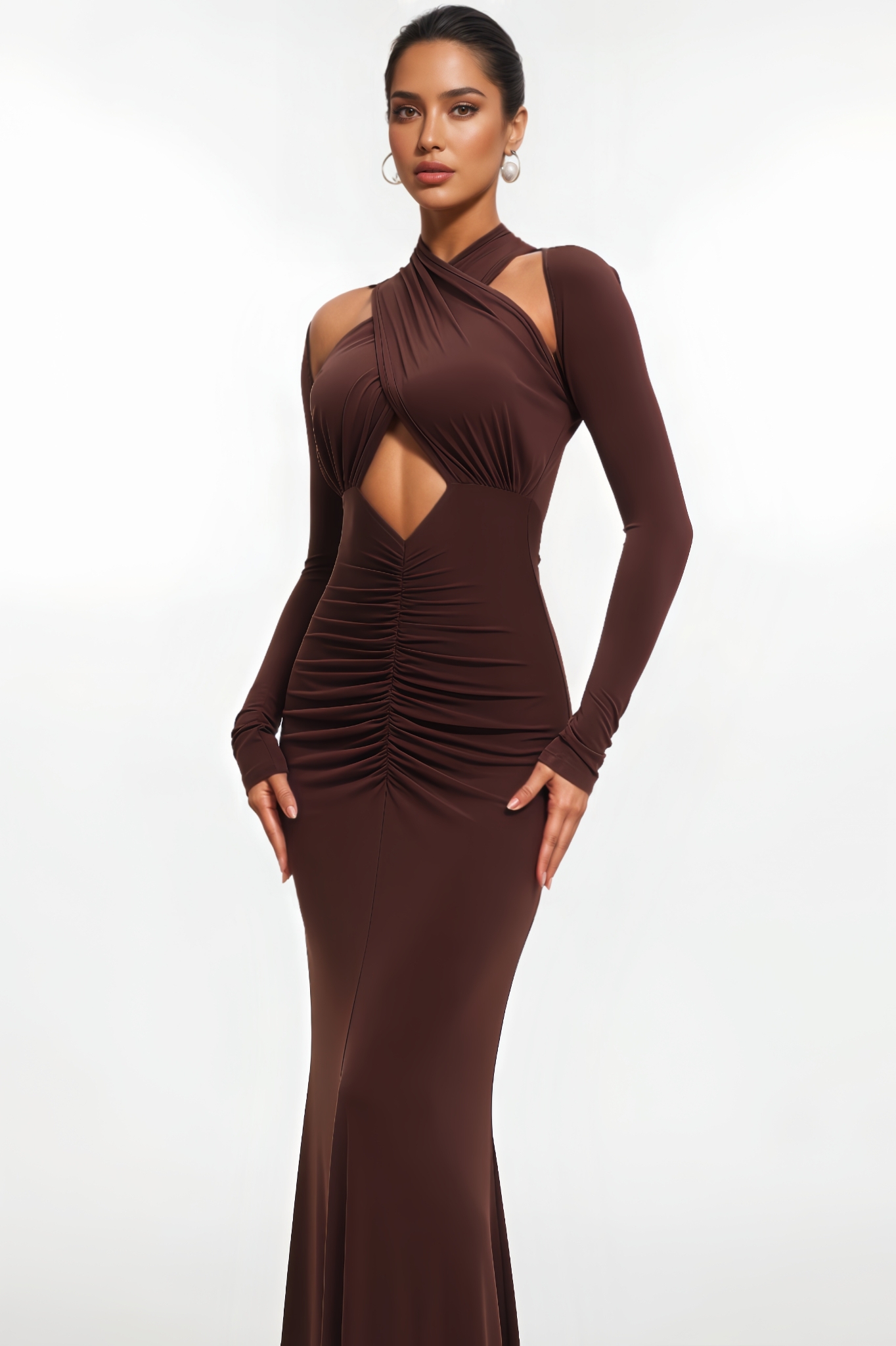 Sebastian Long Sleeve Cut Out Ruched Maxi Dress