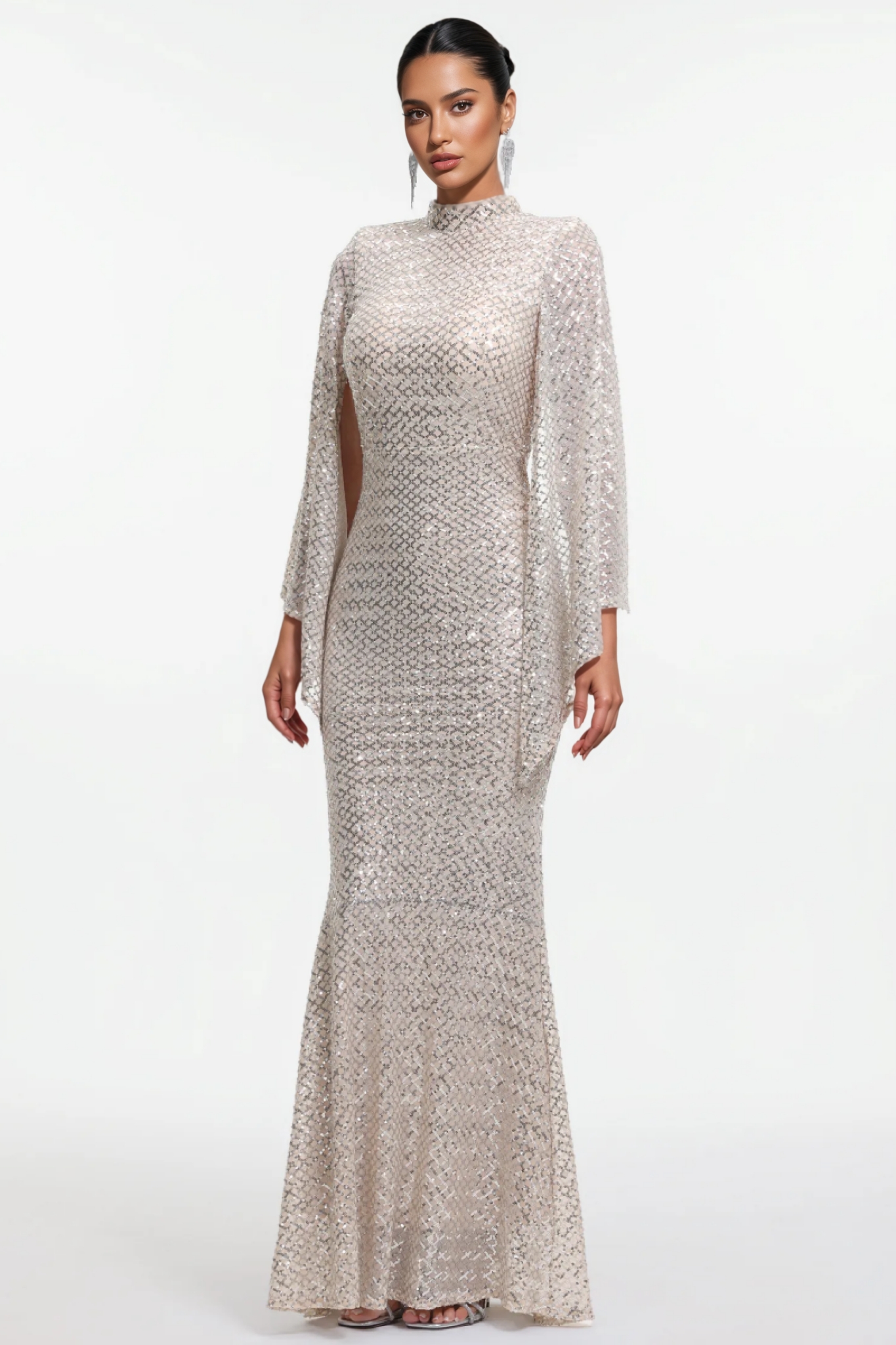 Wylekt Cape Sleeve Sequin Maxi Dress