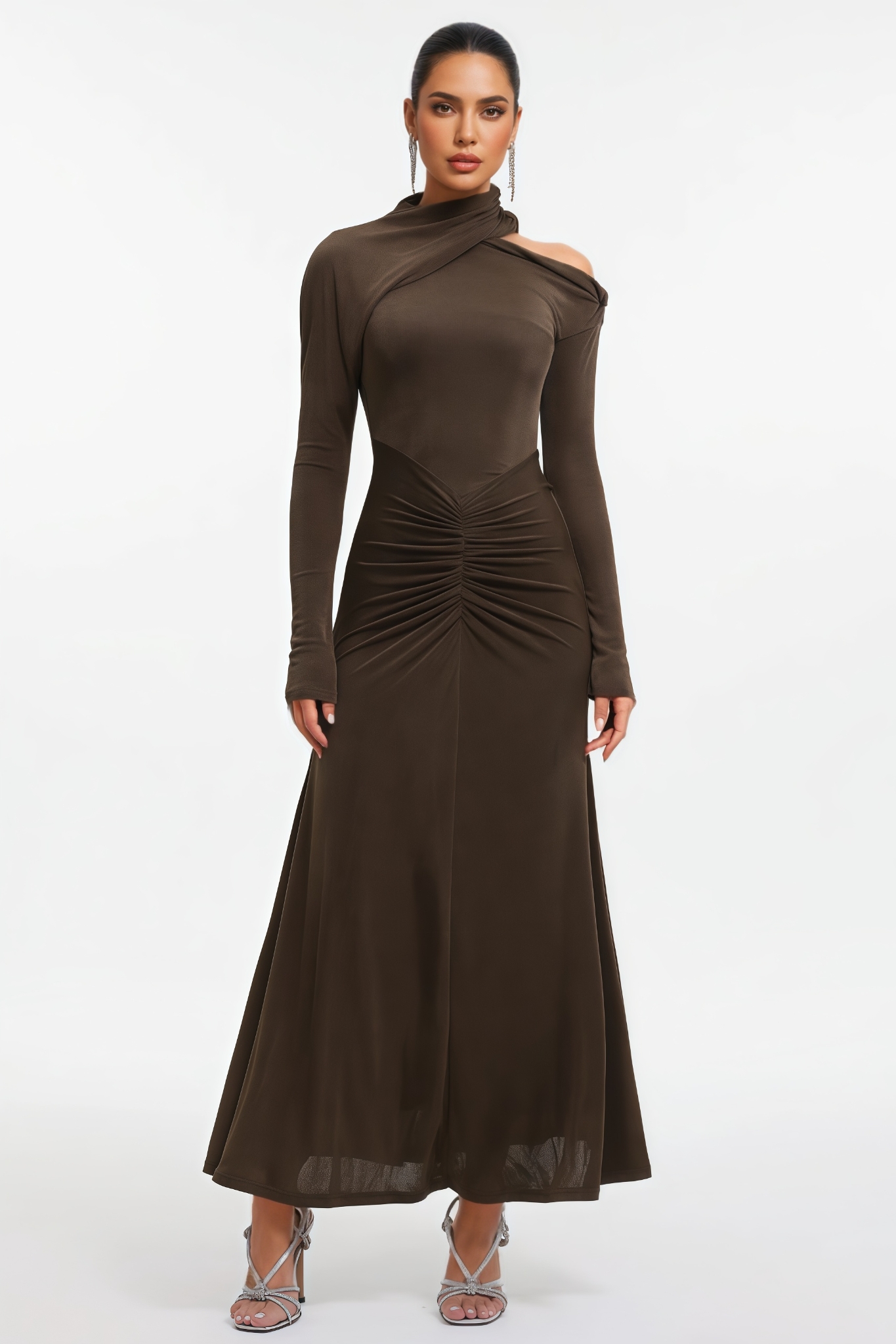 Elrice Long Sleeve Ruched Knit Brown Maxi Dress