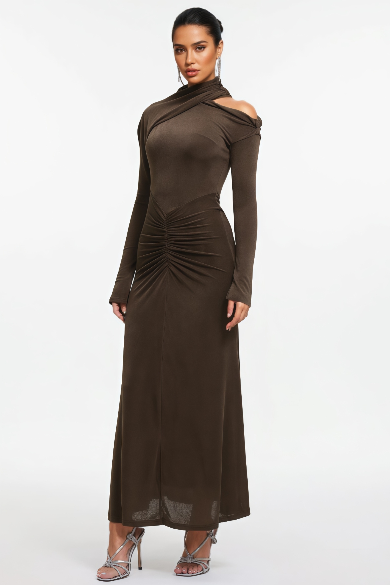Elrice Long Sleeve Ruched Knit Brown Maxi Dress