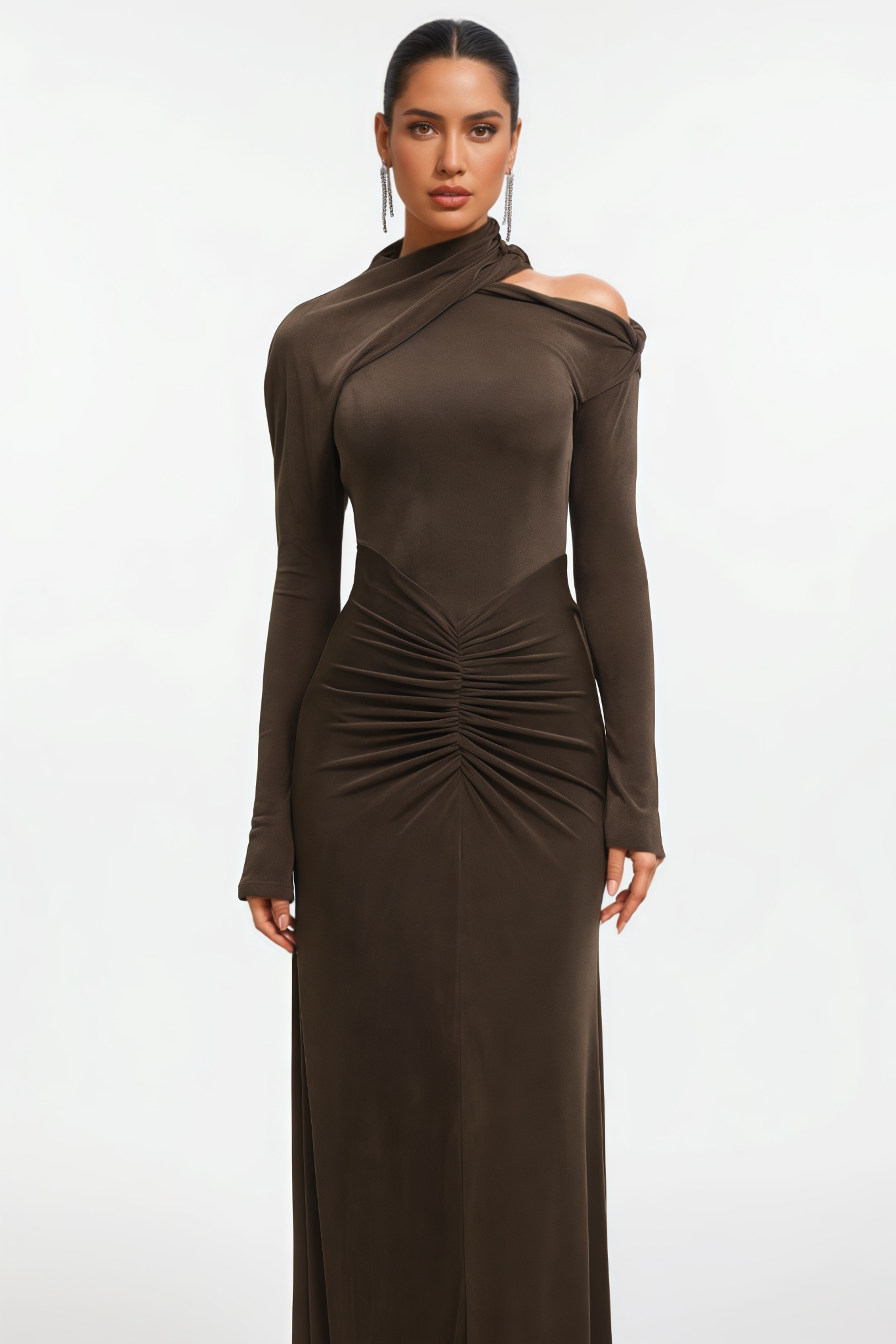 Elrice Long Sleeve Ruched Knit Brown Maxi Dress