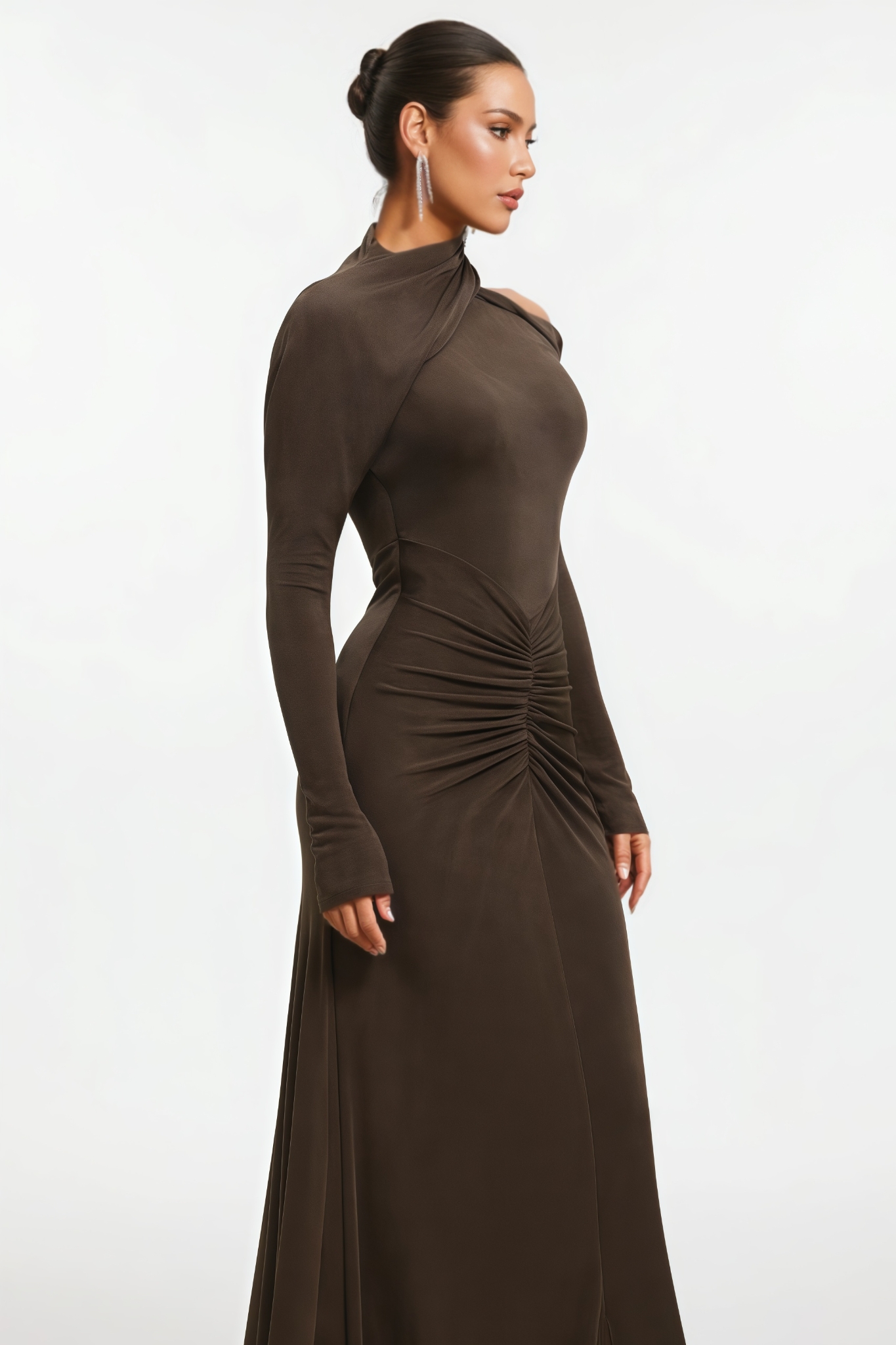 Elrice Long Sleeve Ruched Knit Brown Maxi Dress
