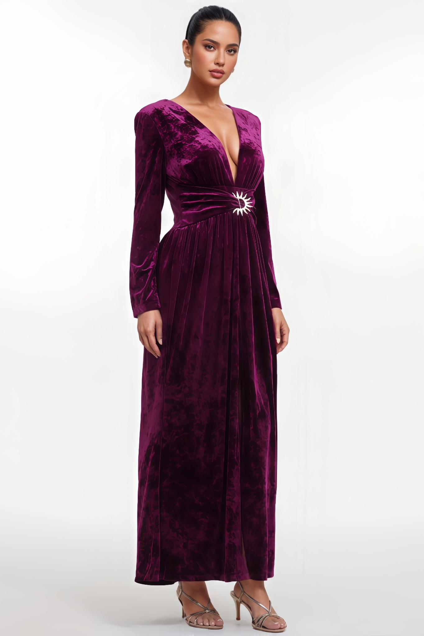 Natalie Long Sleeve V Neck Velvet Maxi Dress