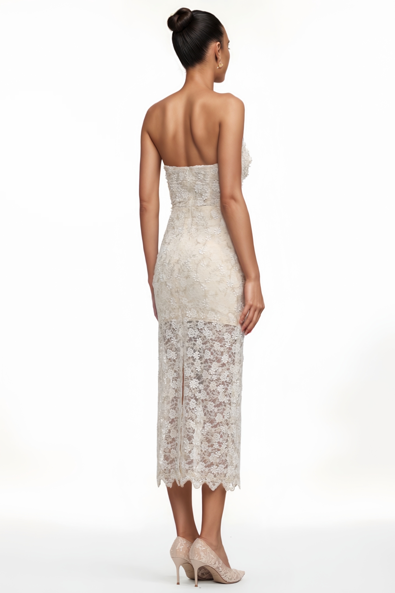 Lironsd Strapless Pearl Floral Lace Maxi Dress