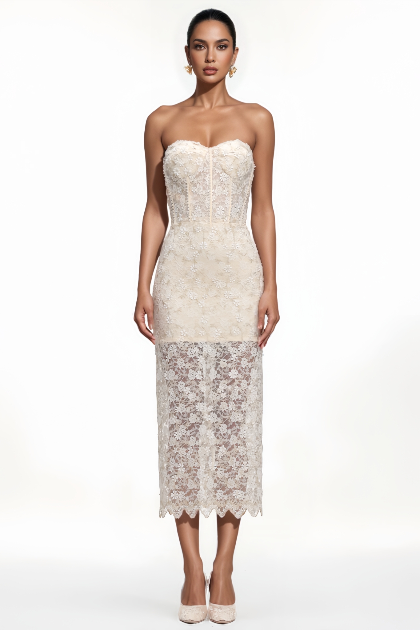 Lironsd Strapless Pearl Floral Lace Maxi Dress