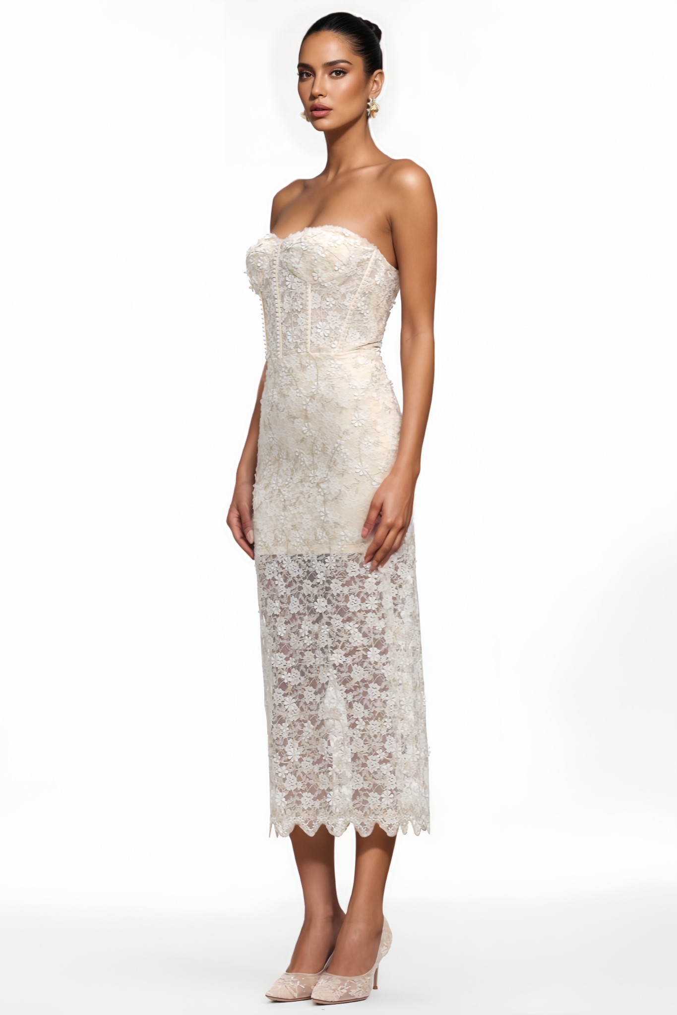 Lironsd Strapless Pearl Floral Lace Maxi Dress