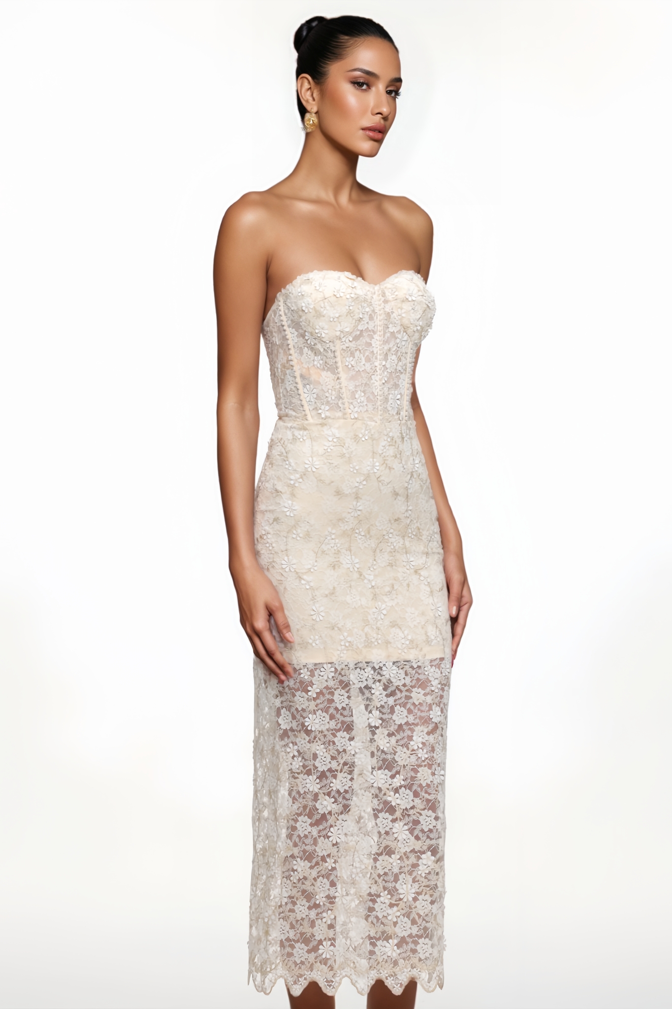Lironsd Strapless Pearl Floral Lace Maxi Dress
