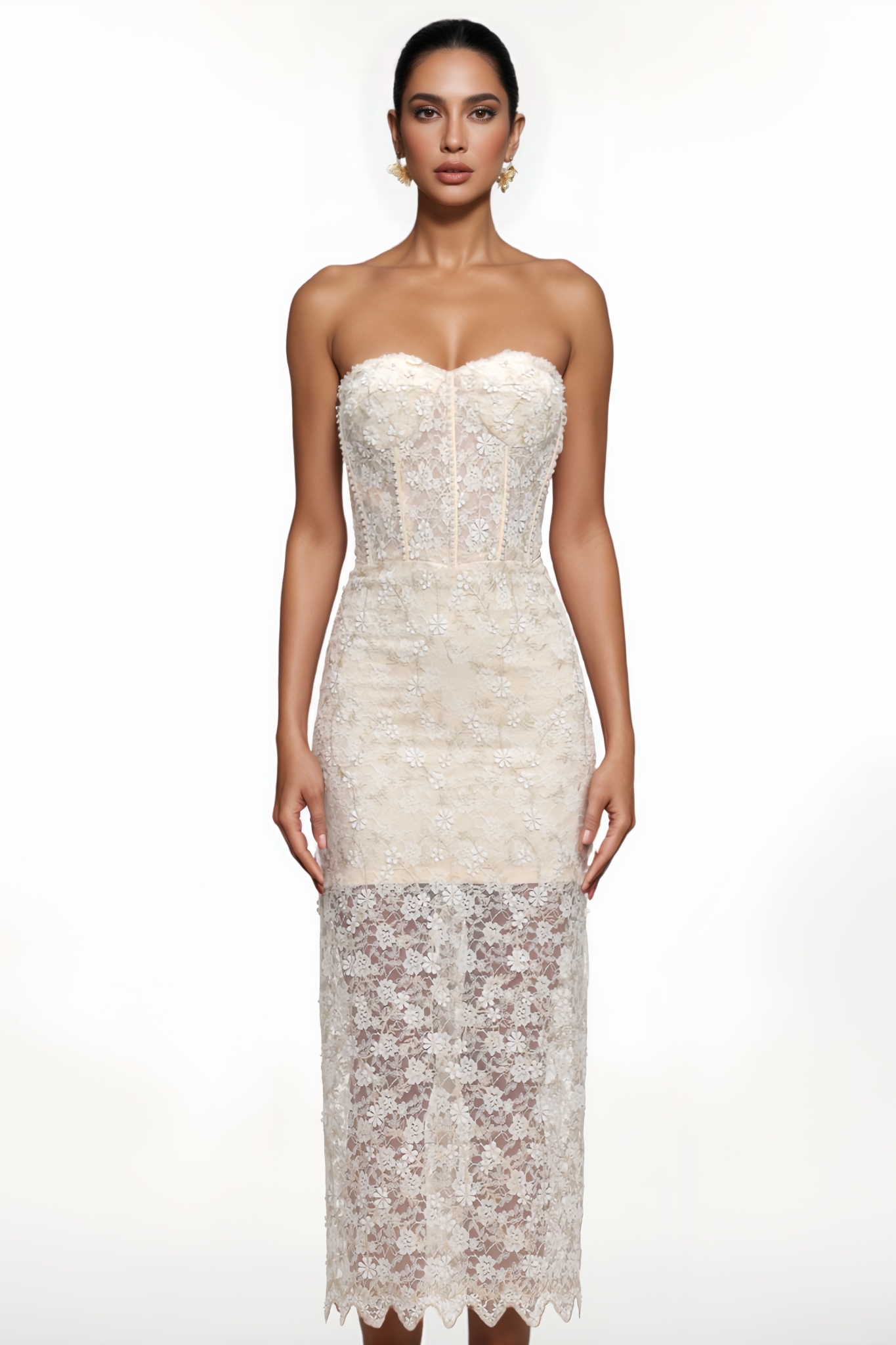 Lironsd Strapless Pearl Floral Lace Maxi Dress