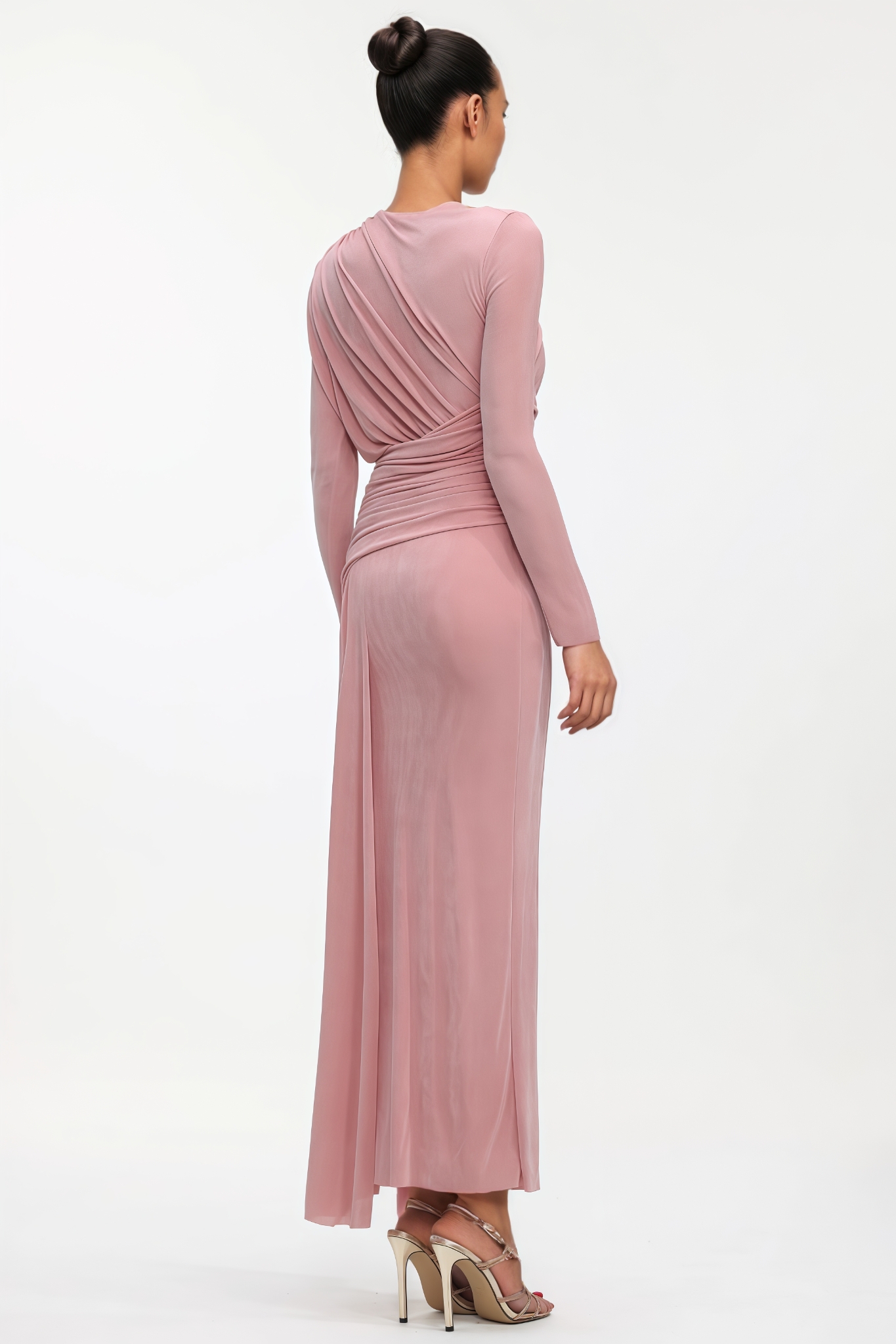 Kaline Long Sleeve Ruched High Slit Knit Maxi Dress