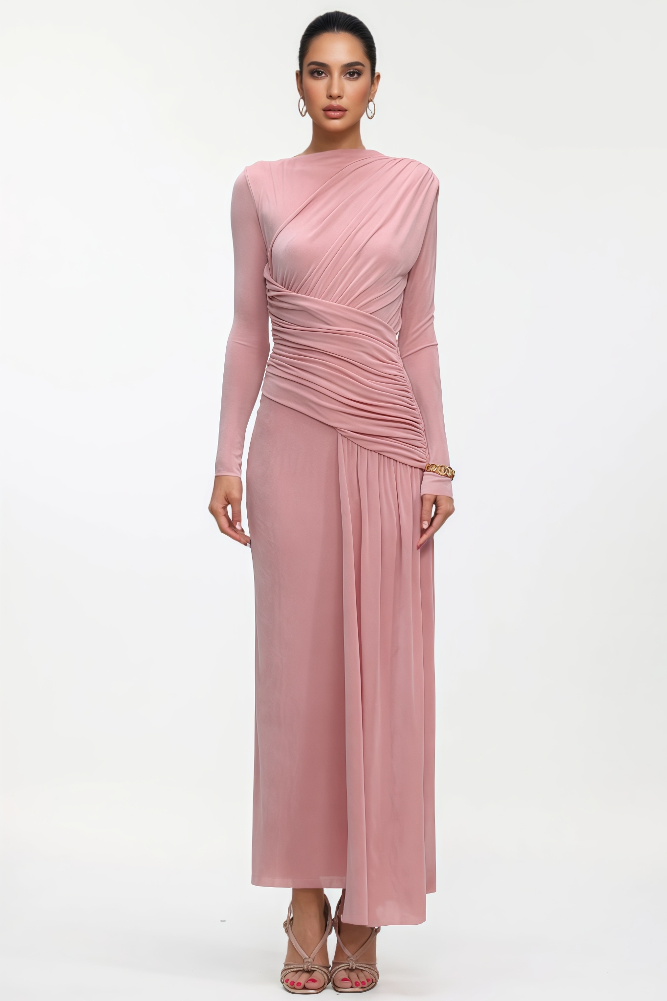 Kaline Long Sleeve Ruched High Slit Knit Maxi Dress