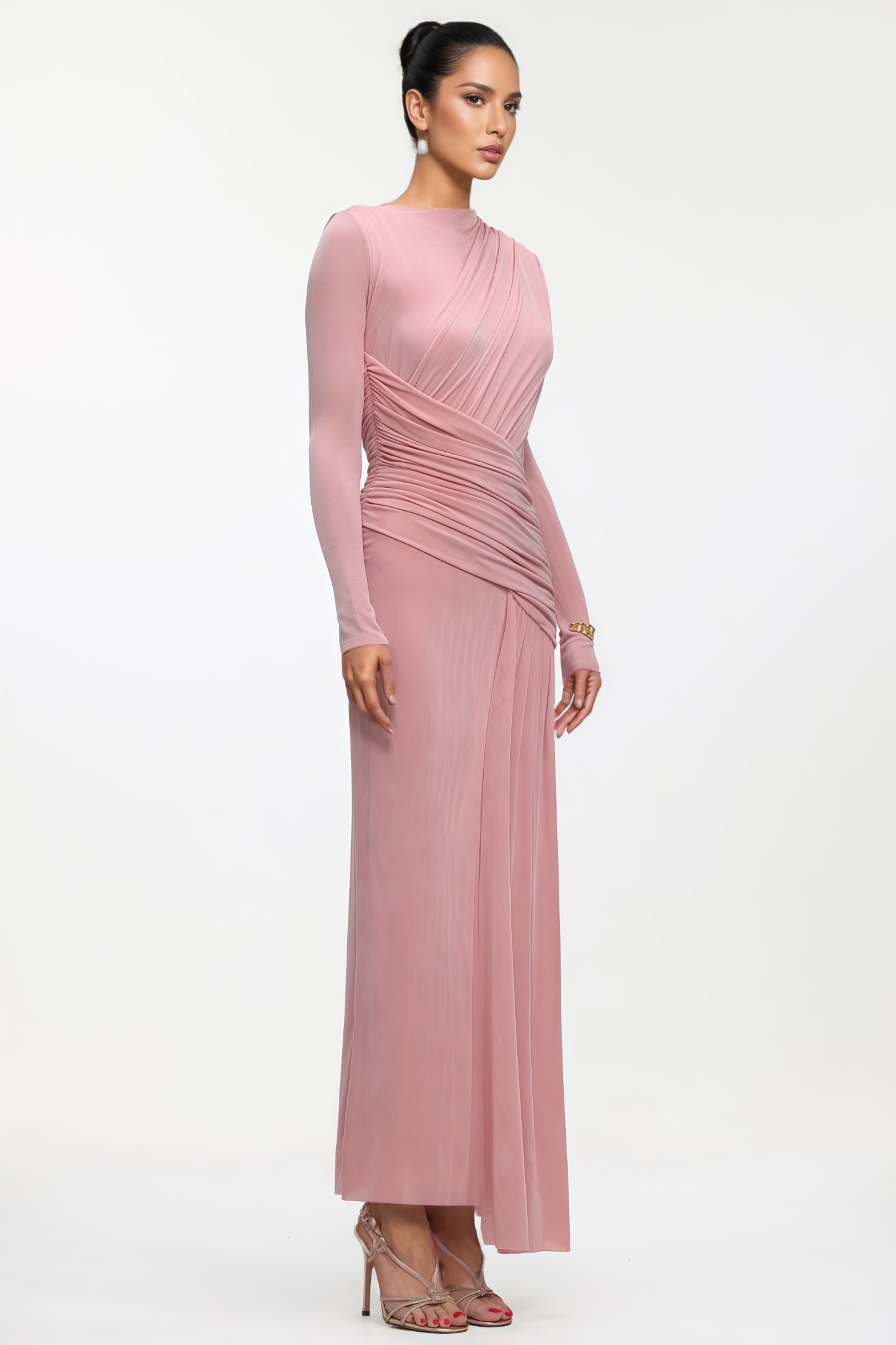 Kaline Long Sleeve Ruched High Slit Knit Maxi Dress