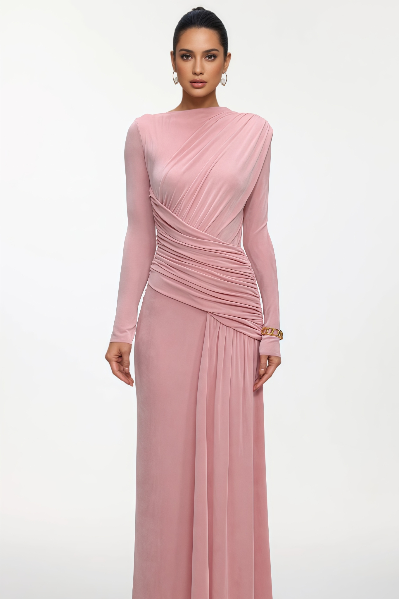 Kaline Long Sleeve Ruched High Slit Knit Maxi Dress