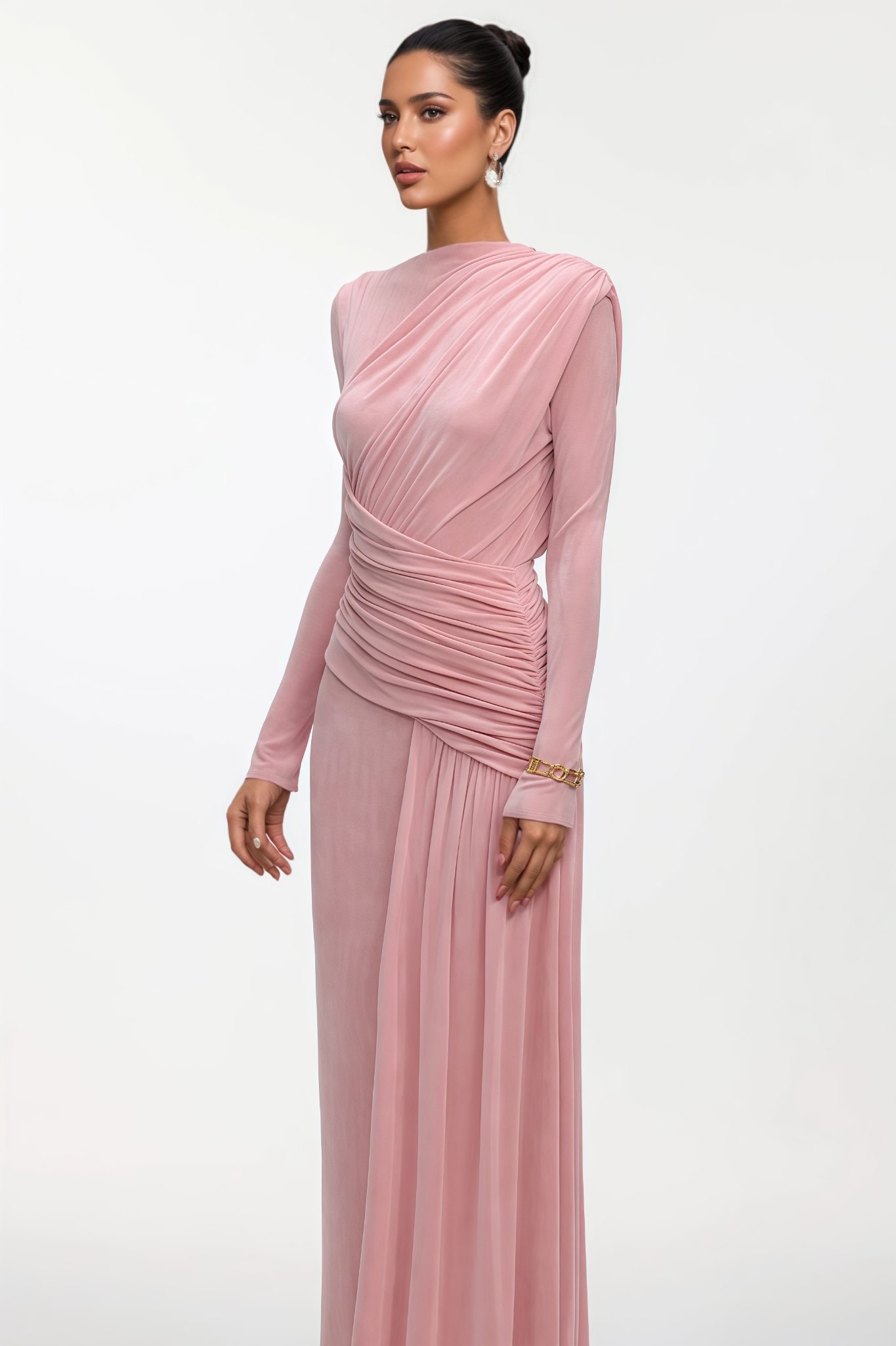 Kaline Long Sleeve Ruched High Slit Knit Maxi Dress